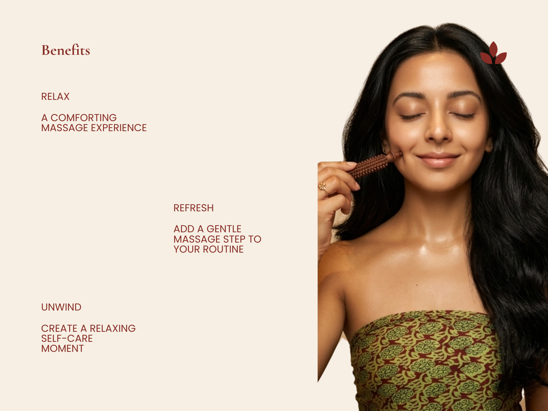 Woman using handmade wooden facial acupressure tool on cheek for relaxing face massage and depuffing routine