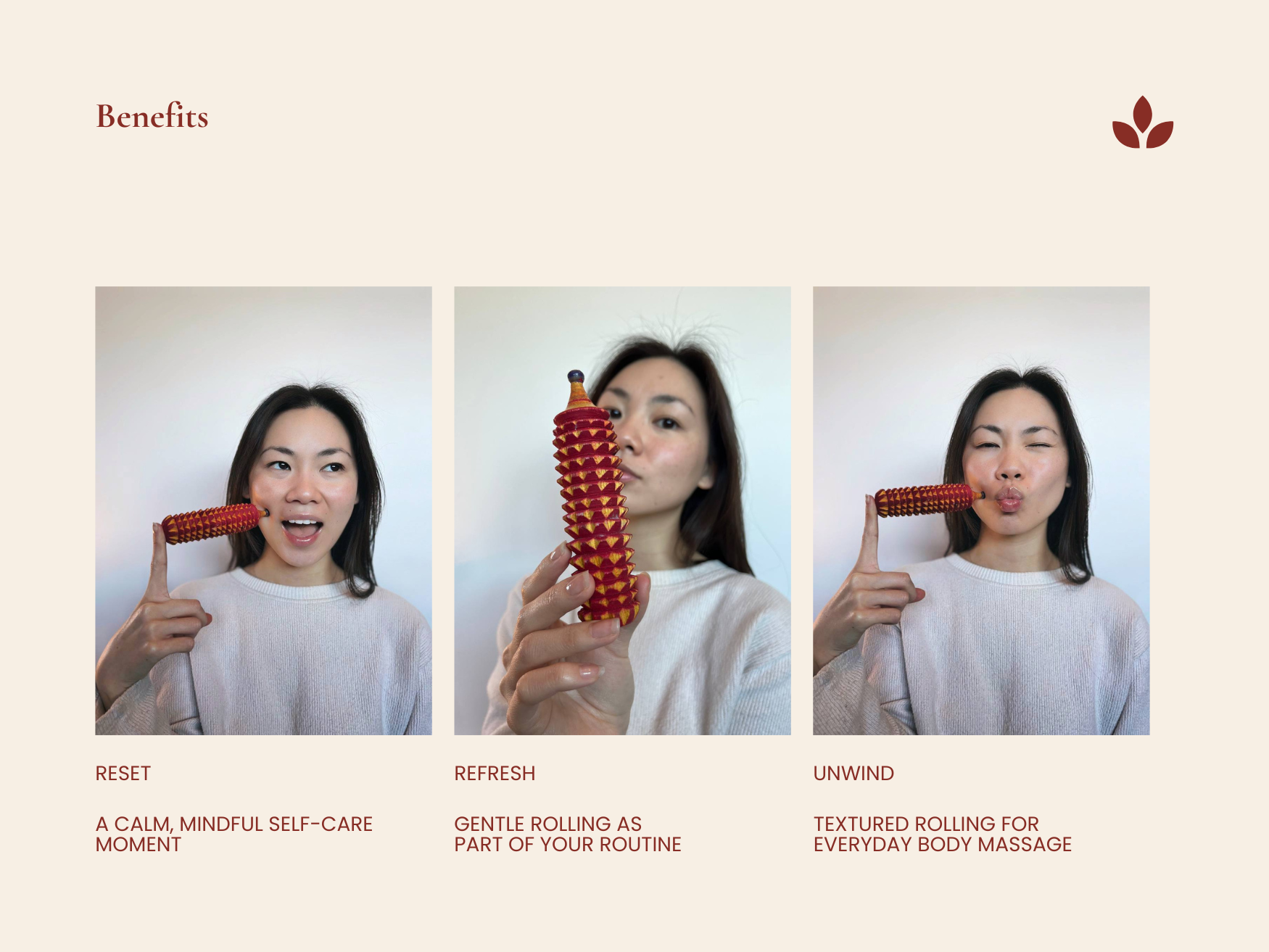 Model using a handmade wooden porcupine acupressure roller on the cheek to support relaxation and facial massage.