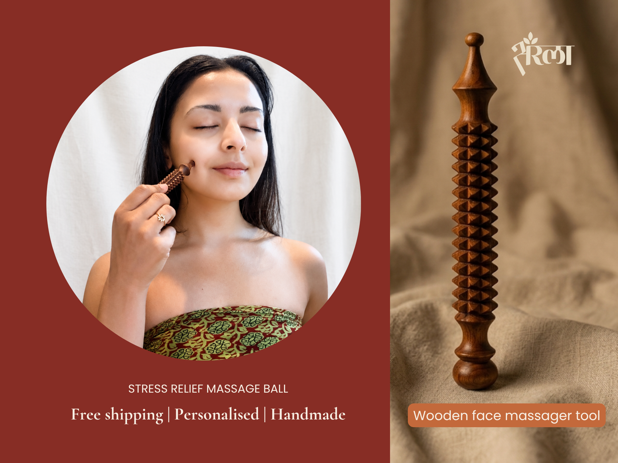 Wooden acupressure needle used on cheek for gentle face massage, relaxation, and daily self-care. Lifestyle image helps buyers imagine the tool in a calming wellness routine.