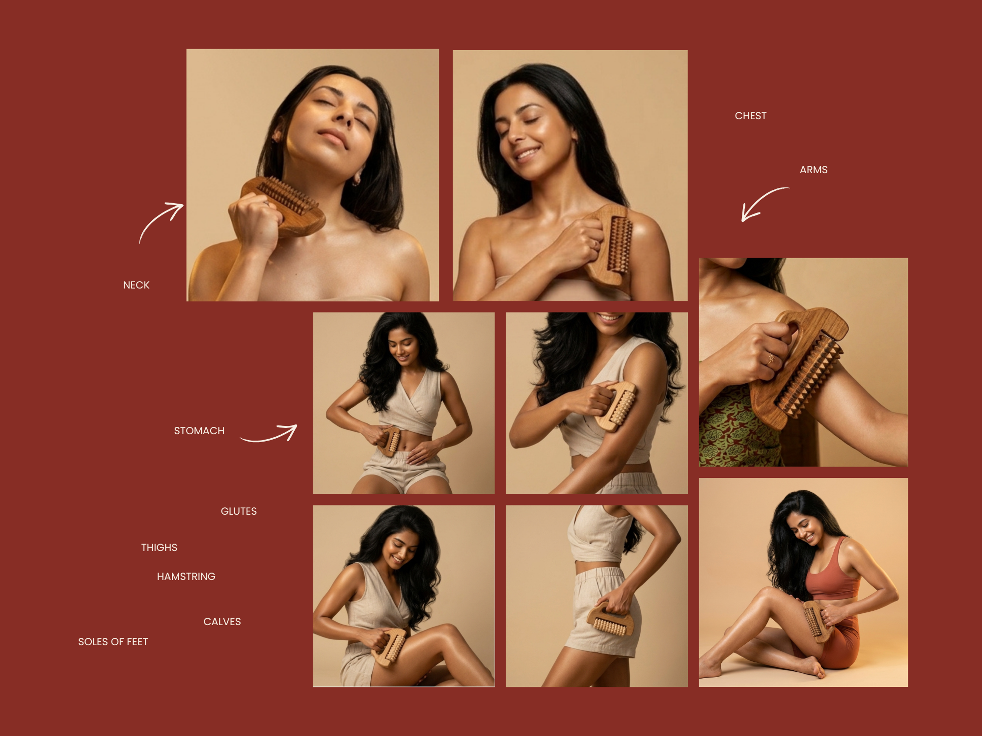 Wooden body massage roller shown for neck, arms, stomach, thighs, calves and foot pressure point relief. One wooden massager for multiple body areas including neck, arms, legs and feet.