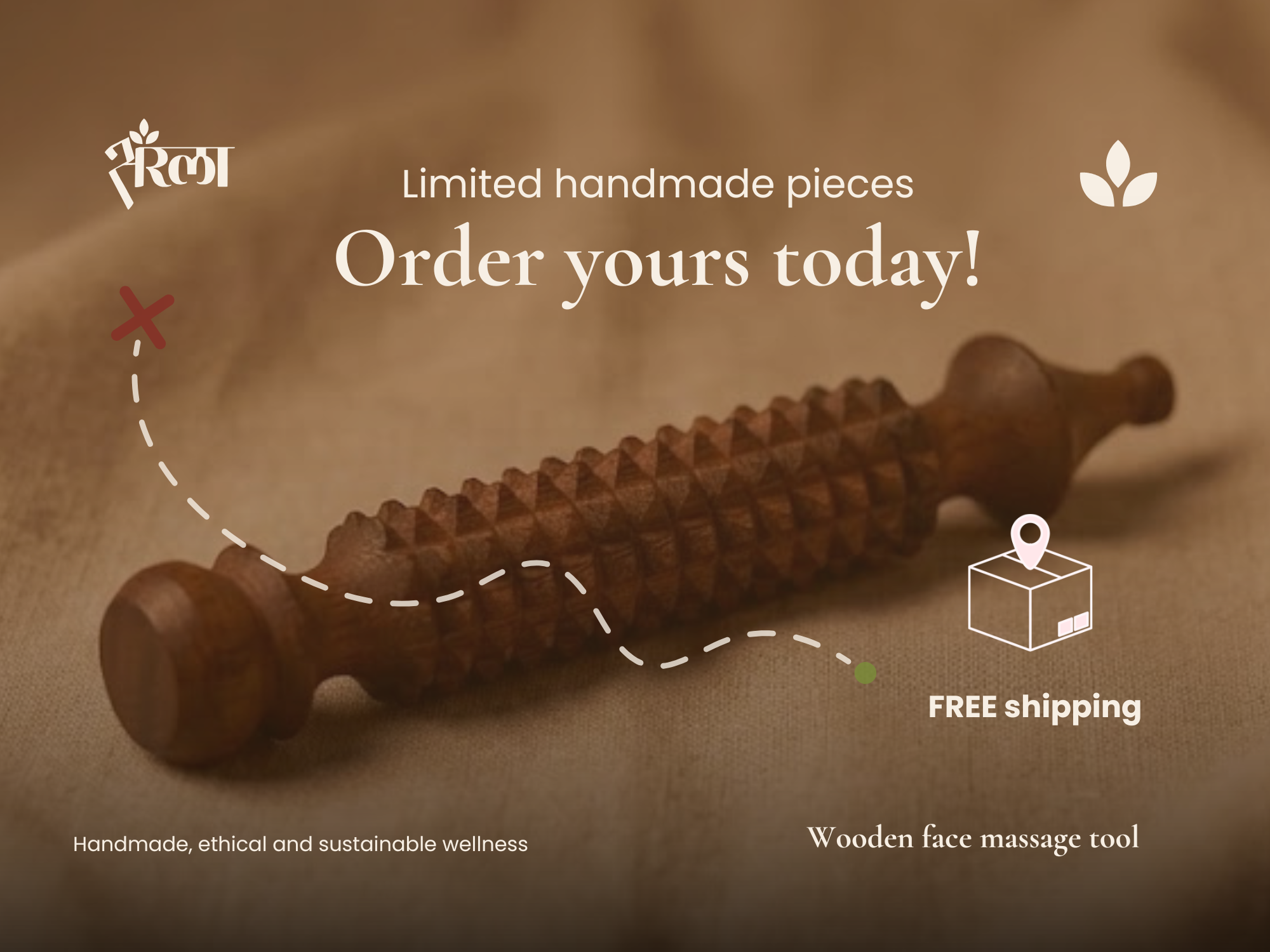 Handmade small wooden face massage tool with free shipping, limited batch offer, and natural finish. Best CTR hero slide with free shipping, handmade value, and limited availability.