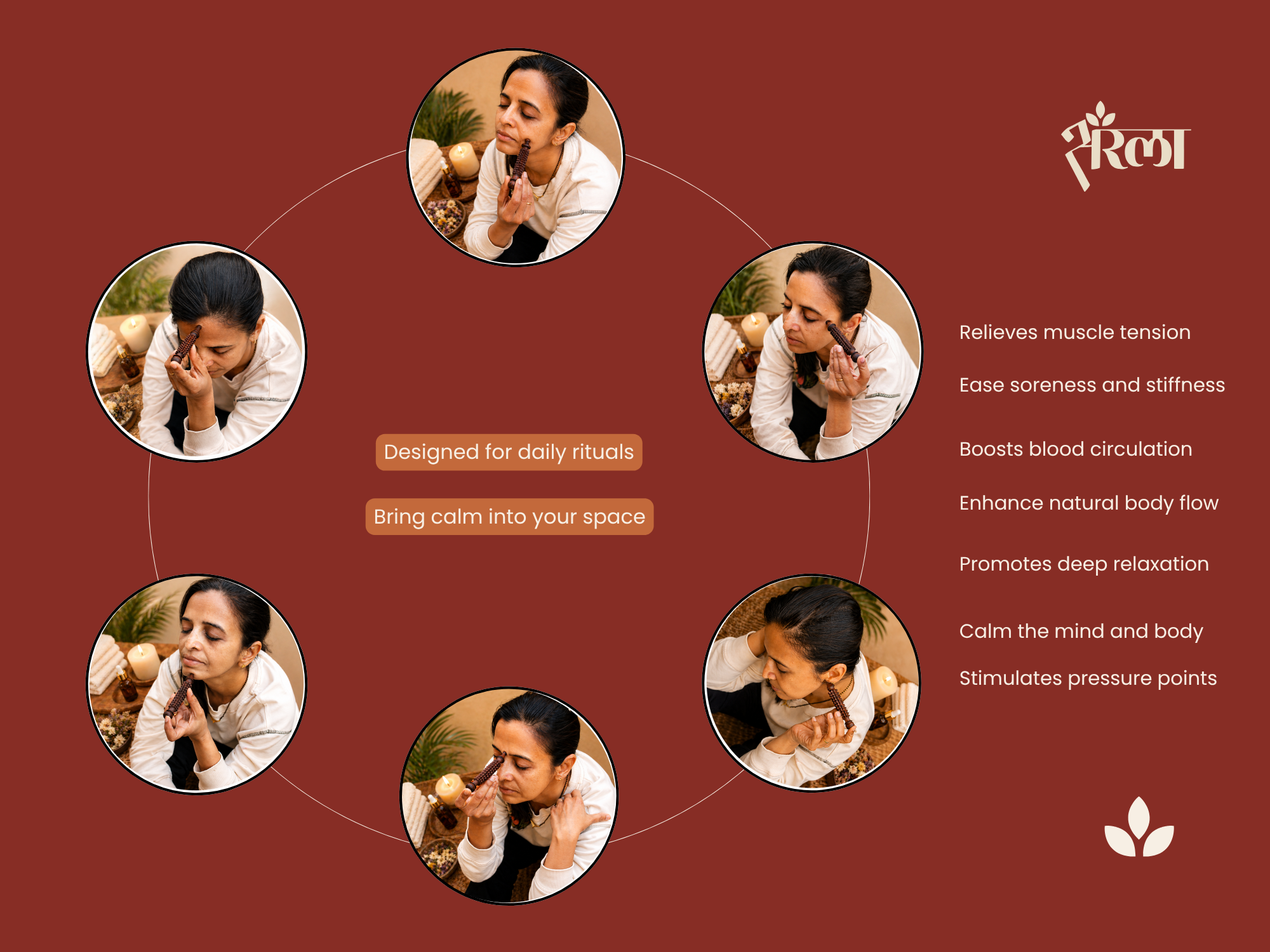 Small wooden face massage tool shown for cheek, jawline, neck, temple, and daily relaxation rituals. Demonstrates multiple uses and increases perceived value.