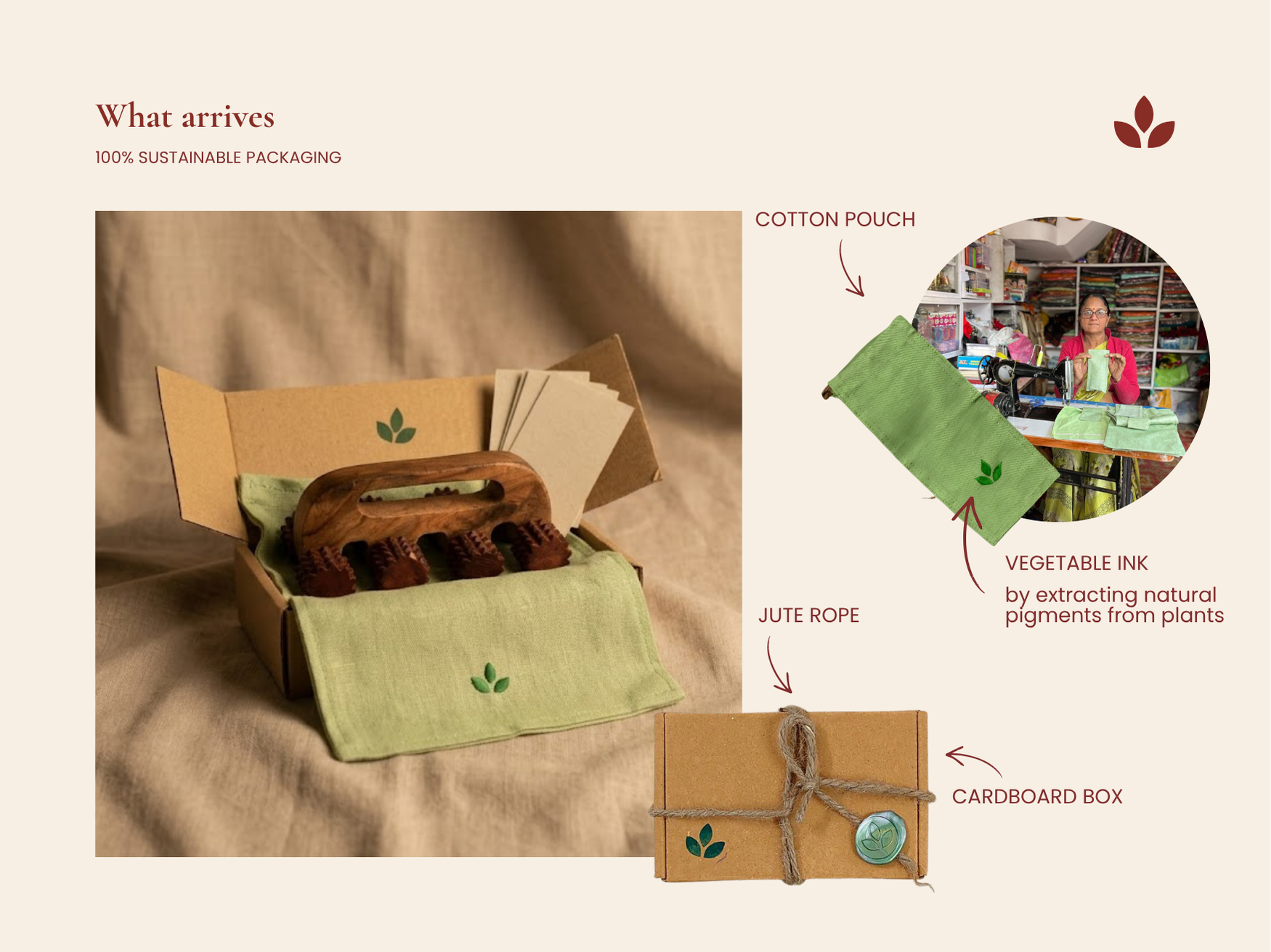 Handheld wooden deep tissue massager in sustainable packaging with cotton pouch, jute rope and cardboard box