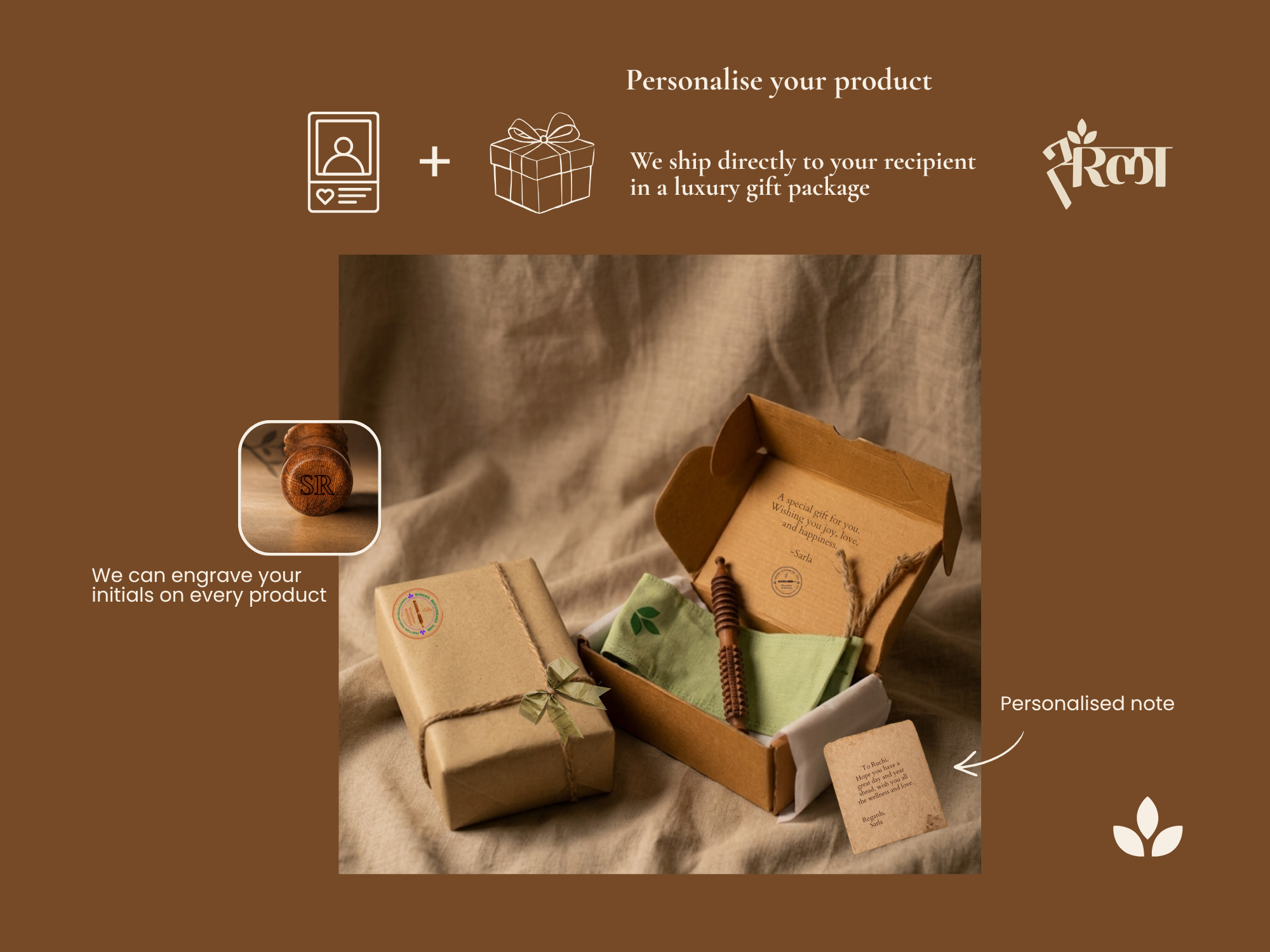 Personalised wooden acupressure needle with engraved initials, luxury gift box, and custom note. Strong CTR slide for gifting, personalization, and direct recipient shipping.