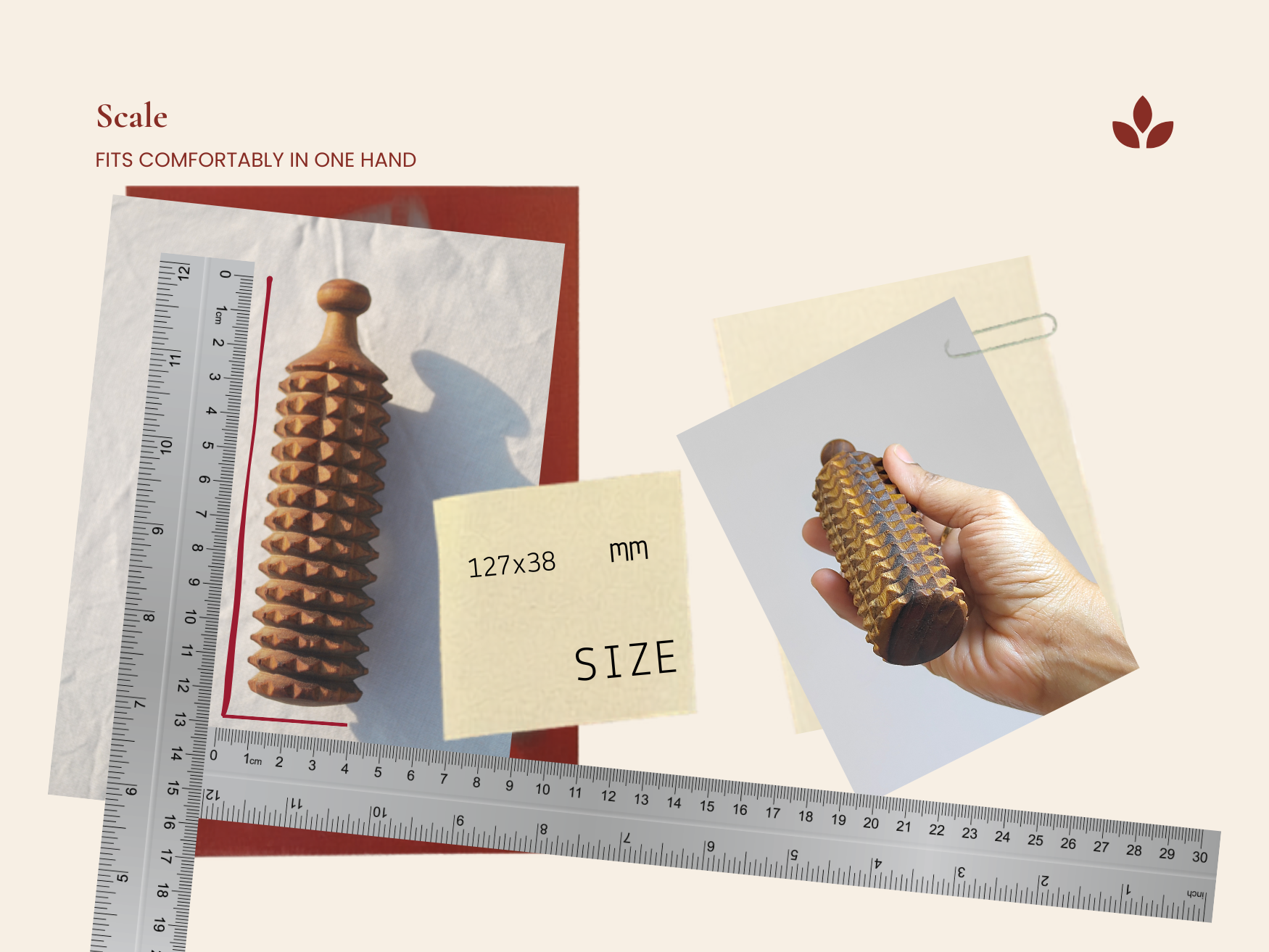 Porcupine massage roller size 127 by 38 mm shown with ruler and held comfortably in one hand