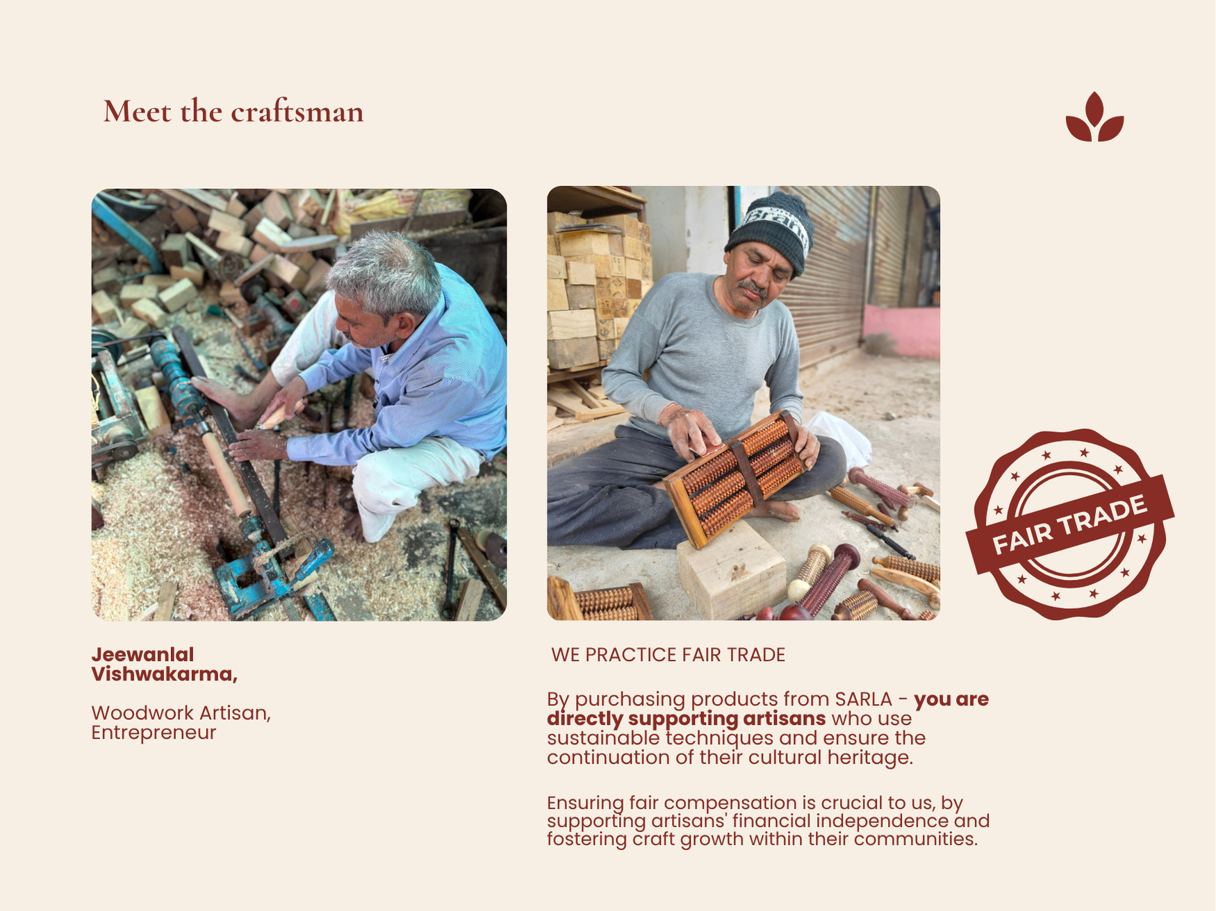 Artisan making a wooden foot reflexology board with fair trade and handmade craft message.
