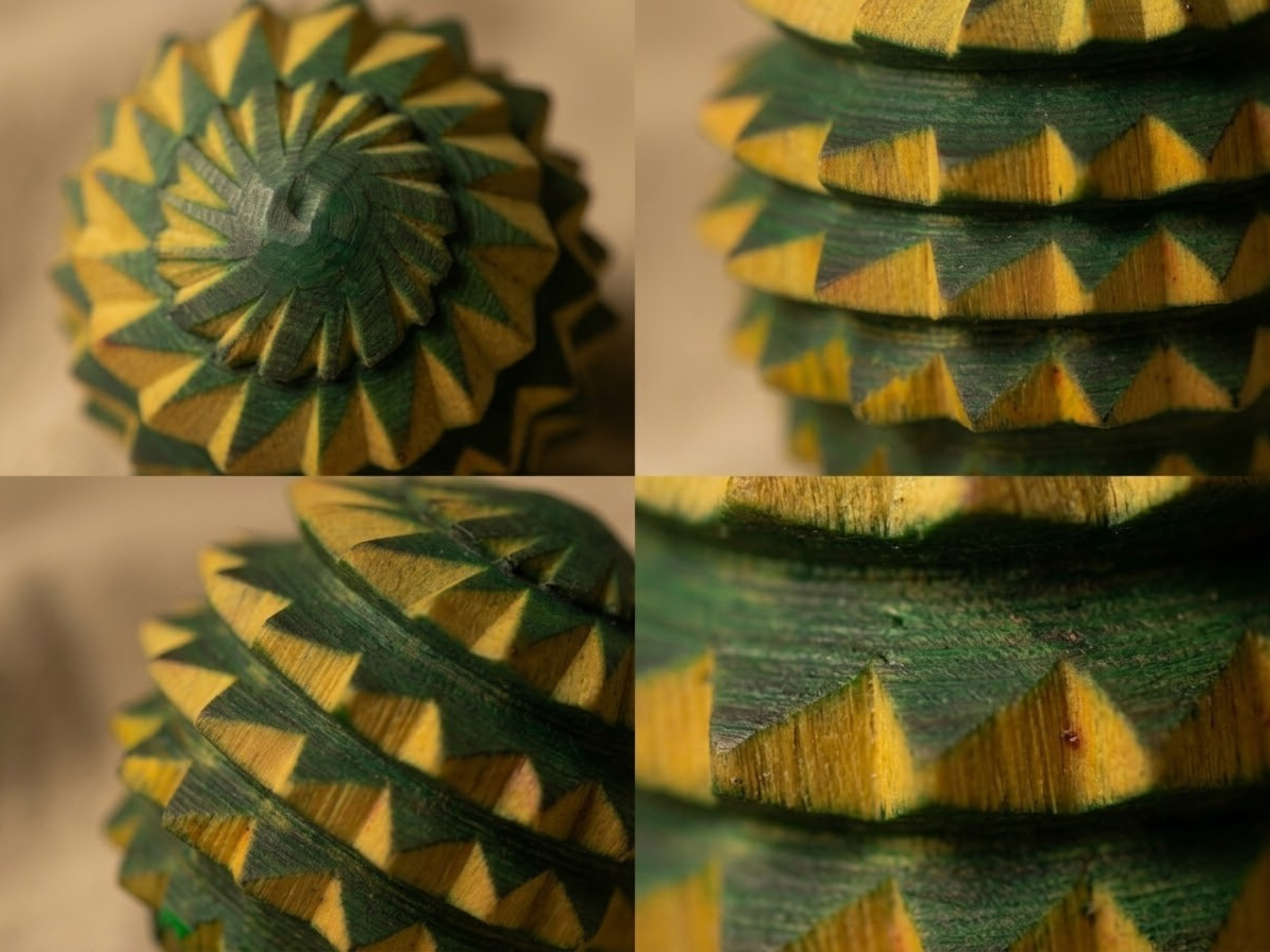 Close-up of green and yellow textured wooden reflexology ball with carved pressure points