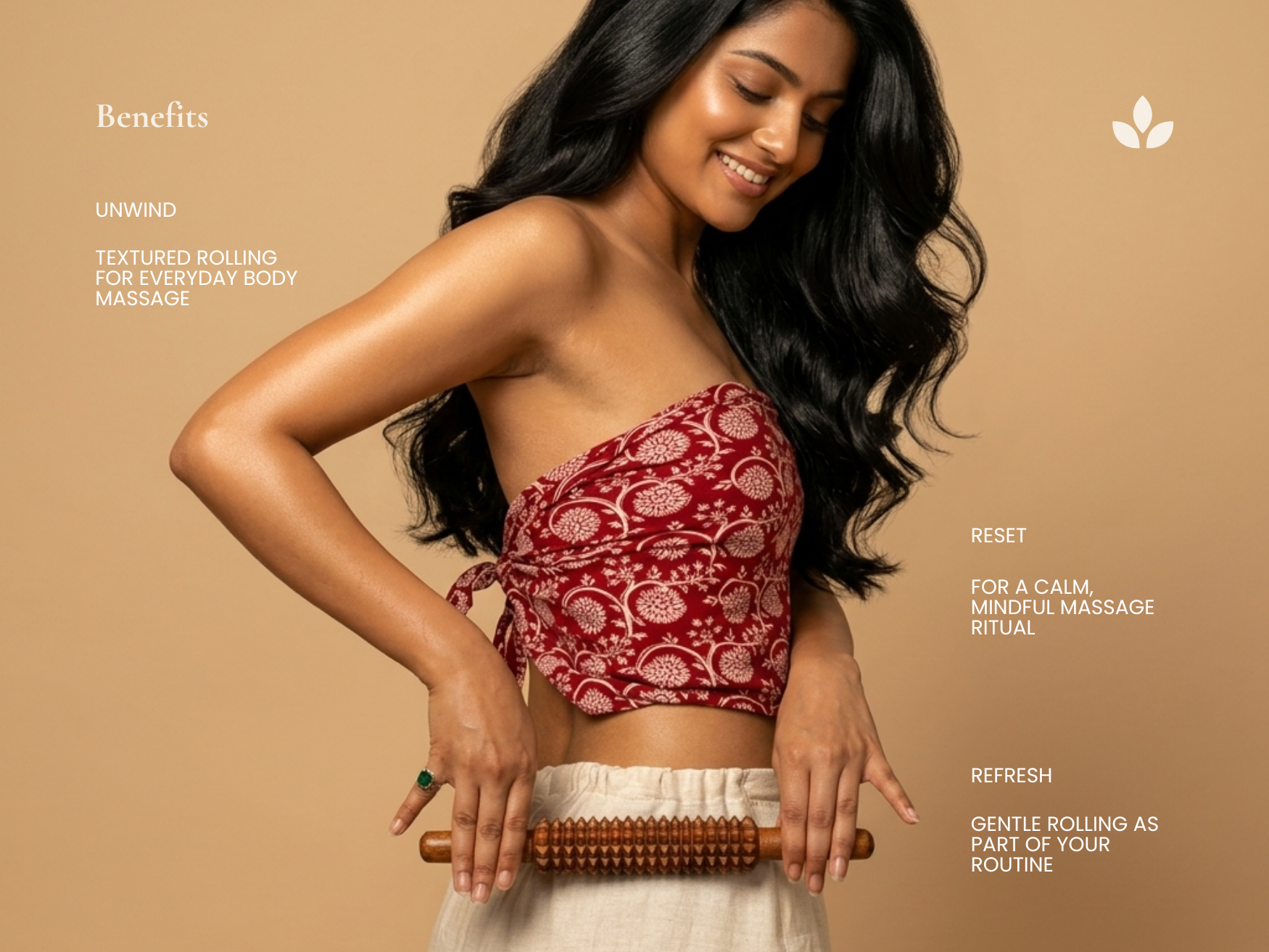 Handmade wooden fascia release roller used on the waist to support muscle relaxation, circulation and self-care massage.