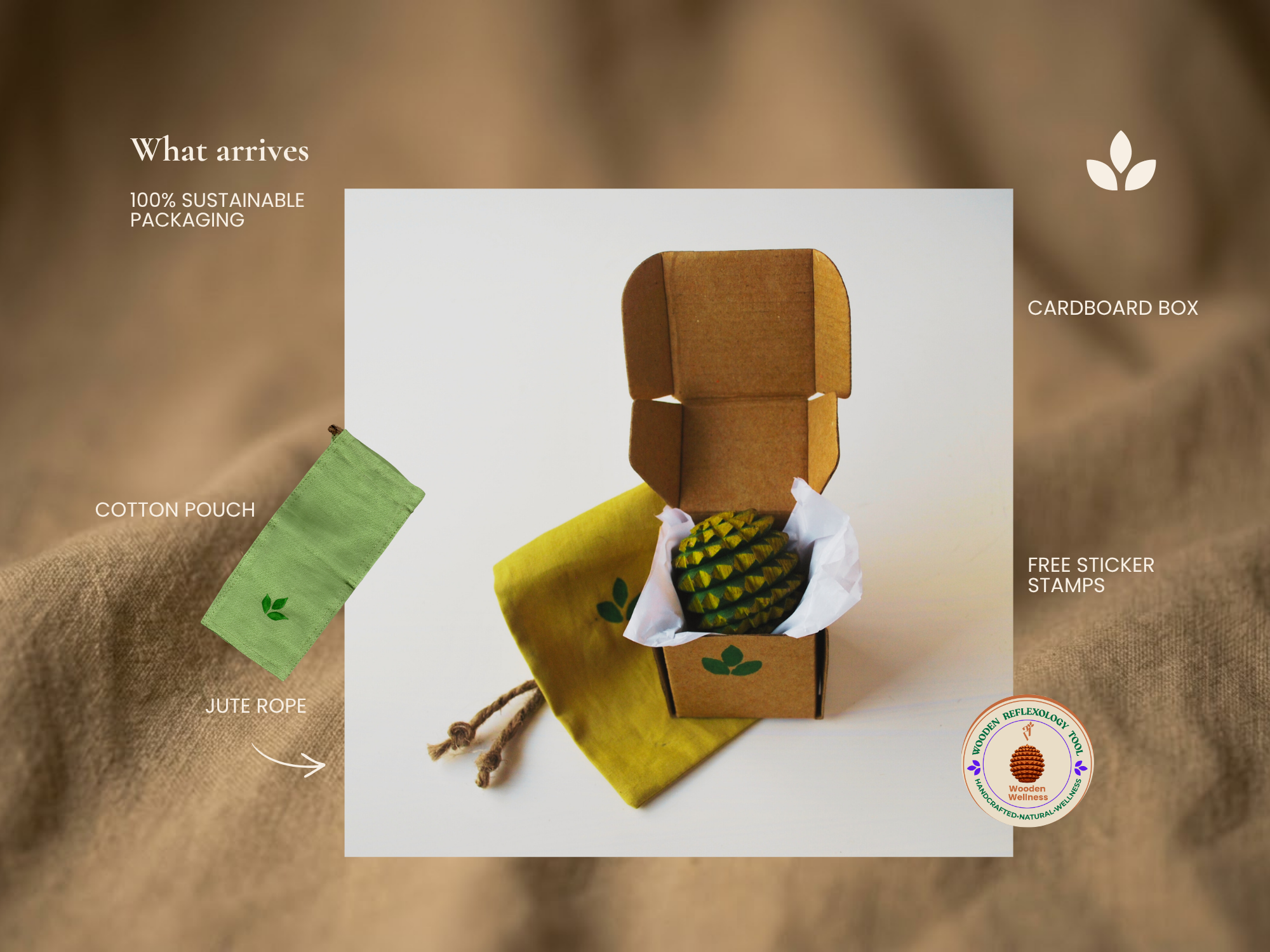 Sustainable gift packaging including cotton pouch and wooden reflexology ball Eco-friendly packaging with reusable cotton pouch and handcrafted wellness tool