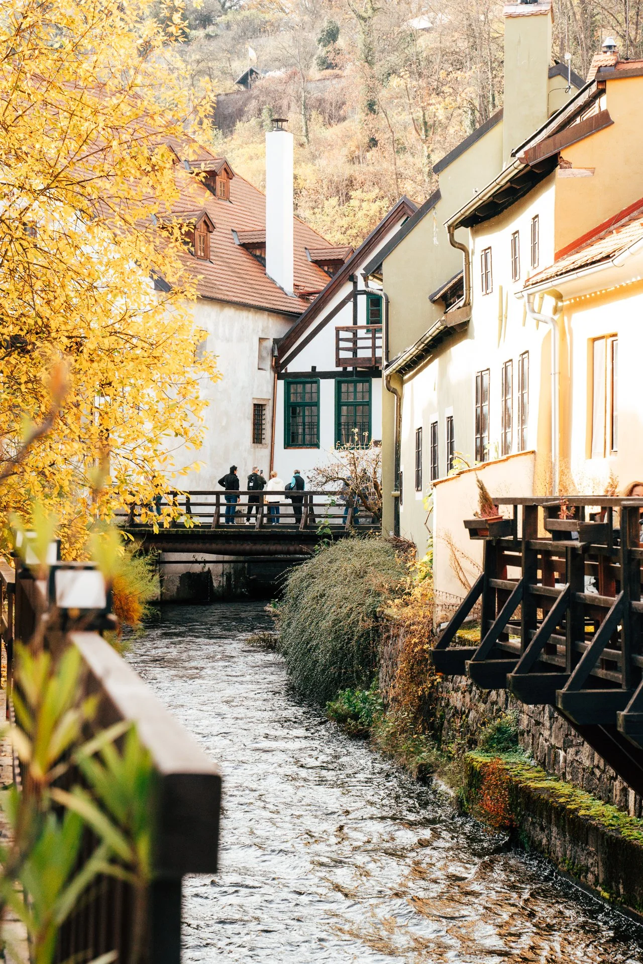 Charming European village scene with canal, autumn foliage, and people on a bridge.