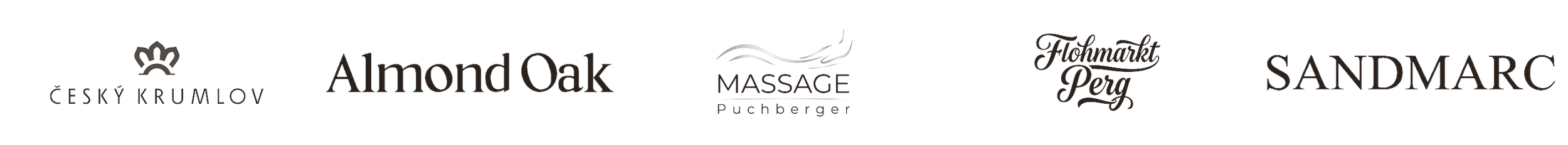Logos von Kunden und Partnern, Český Krumlov, Almond Oak, Massage Puchberger, Flohmarkt Perg, SANDMARC