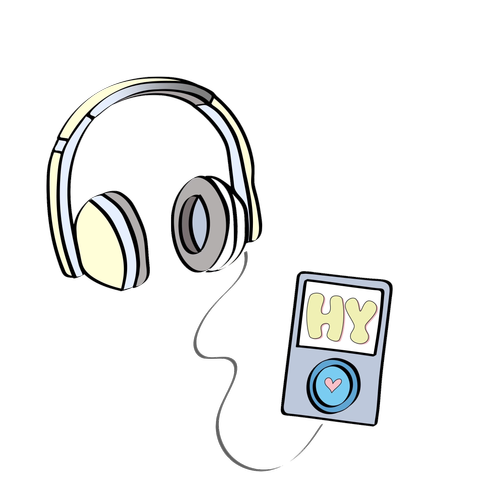 Headphones connected to a music player with the word 'HY' and a heart icon on the screen, all set against a black background.