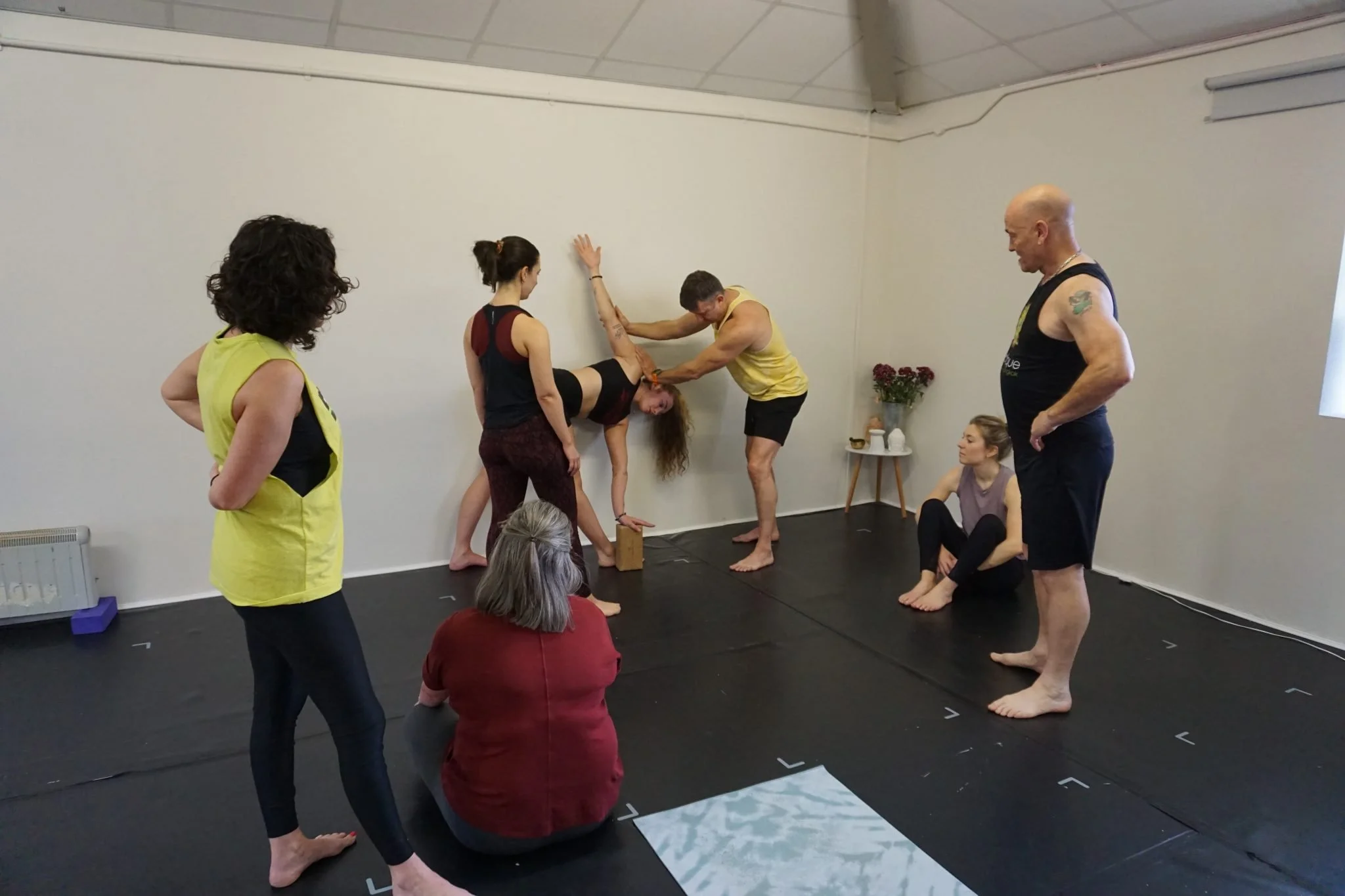 A group of people practicing yoga in a studio, with one person being lifted and supported by others while others observe or assist.