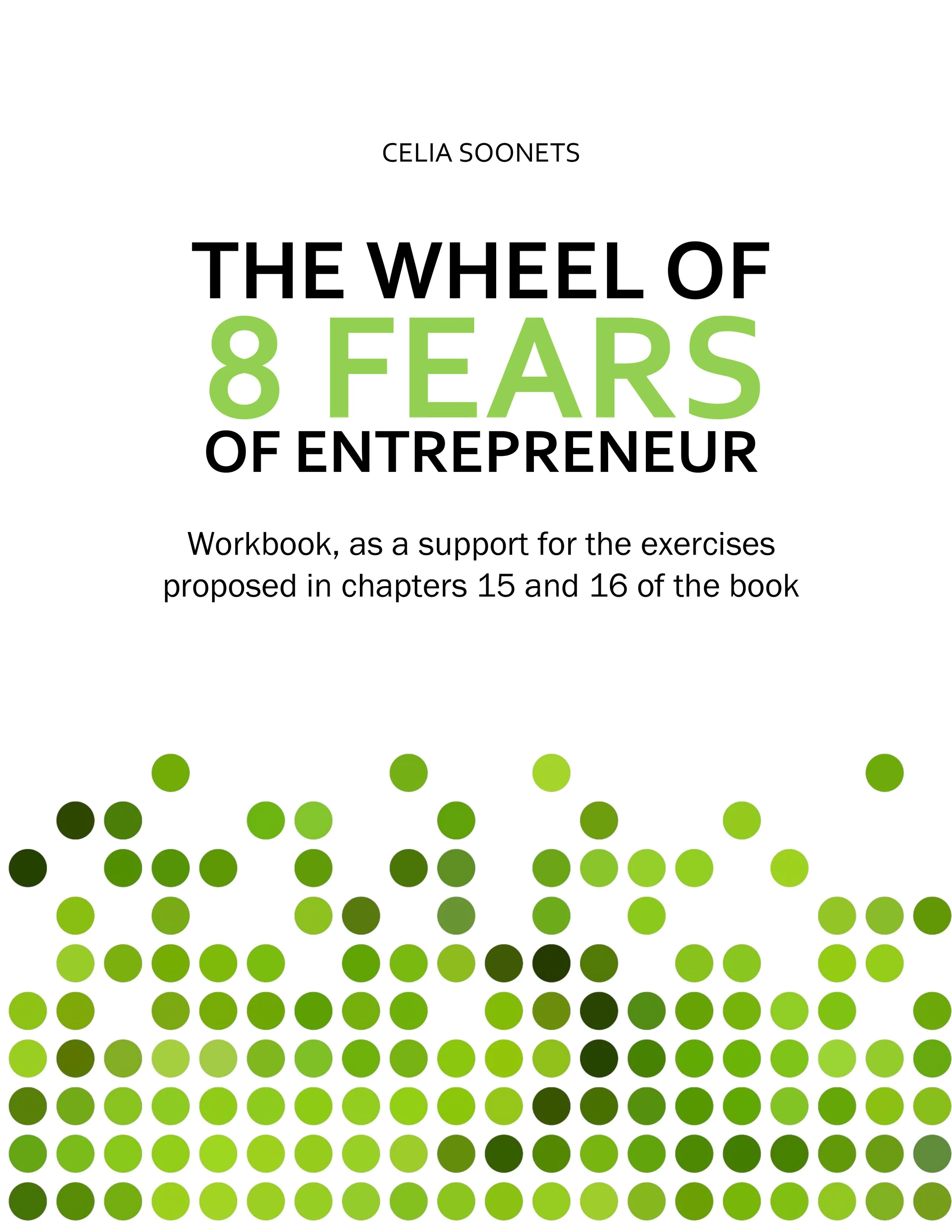 Portada de libro "The Wheel of 8 Fears of Entrepreneur" de Celia Soonets, con texto que menciona un cuaderno de trabajo para ejercicios de los capítulos 15 y 16. Diseño con puntos verdes en la parte inferior.