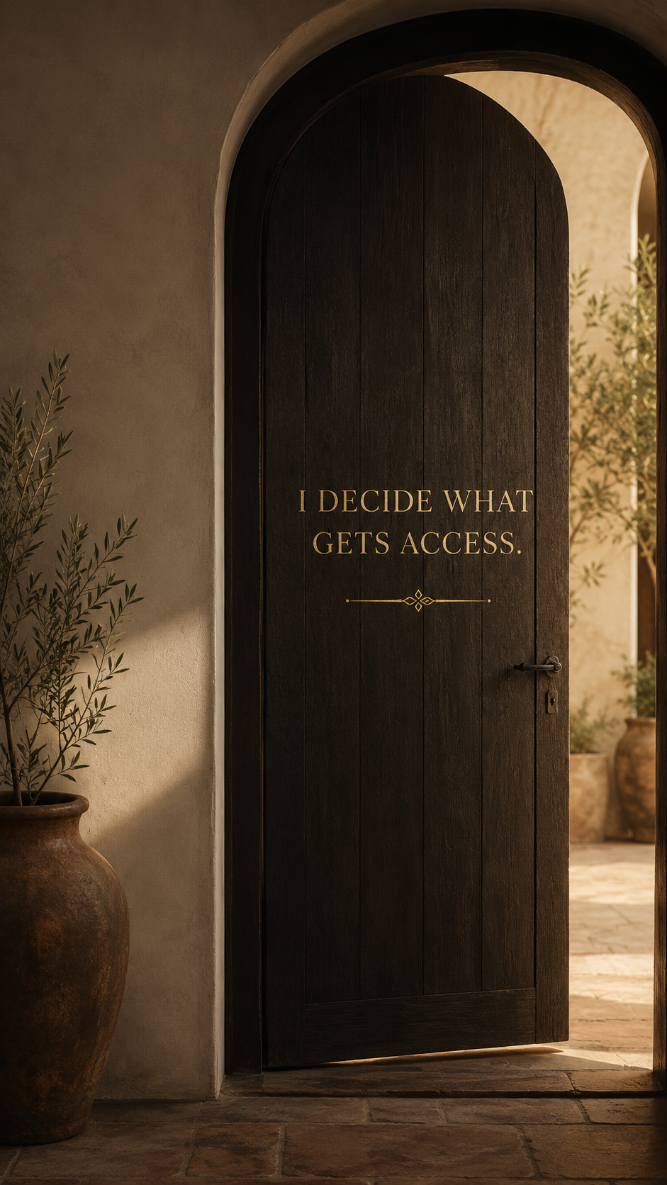 A dark wooden door with the quote "I DECIDE WHAT GETS ACCESS" written in gold lettering. To the left, there is a large clay pot with a green leafy plant. In the background, part of a sunlit courtyard with more greenery and clay pots is visible.