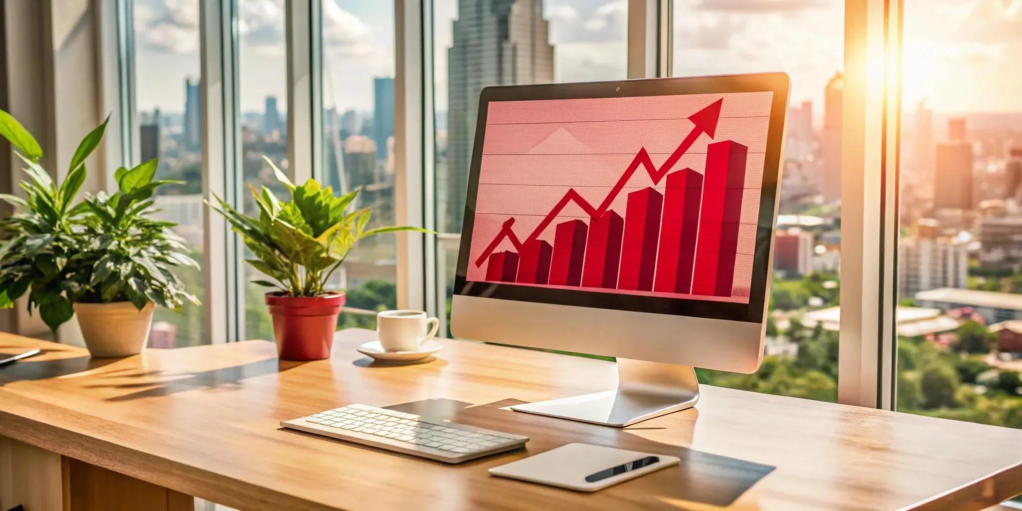 Office desk with two potted plants, a computer displaying an upward trending graph, a coffee cup, a keyboard, and a mouse, with large windows showing a cityscape in the background.