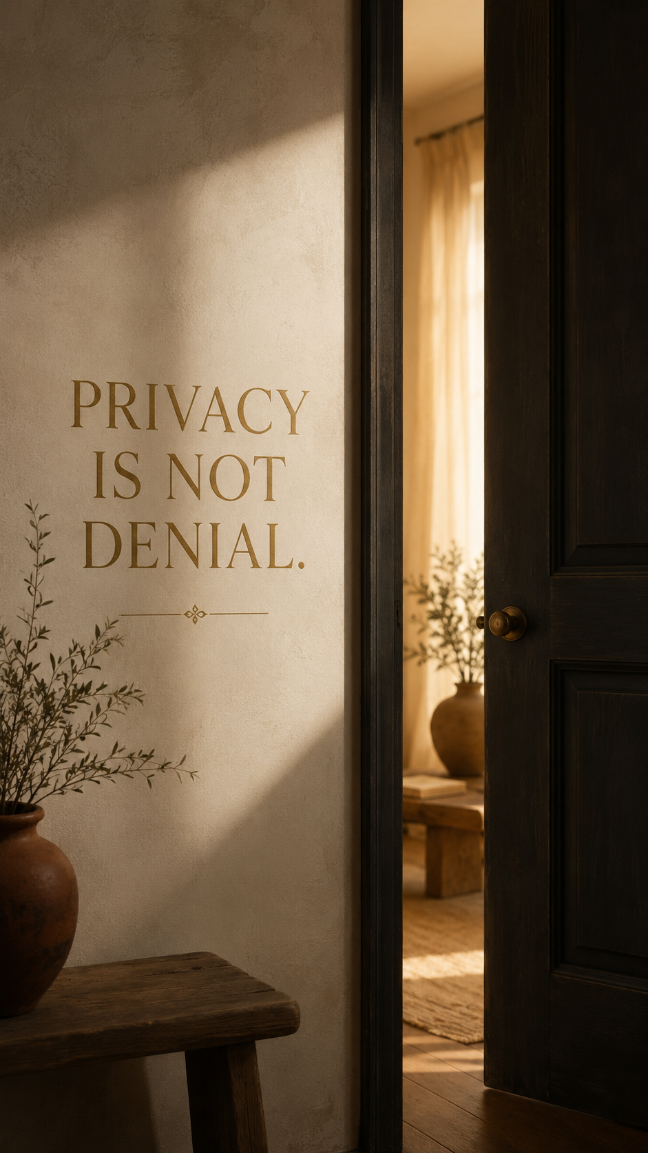 A wall with a quote that says 'Privacy is not denial.' next to a doorway leading into a room with cream curtains, a potted plant, and wooden furniture.