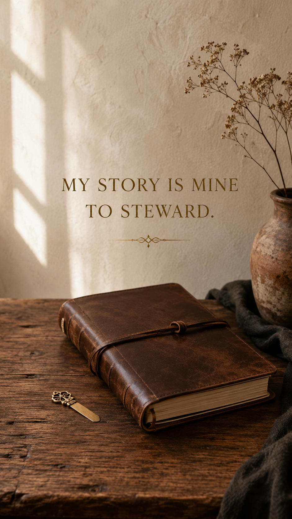 A leather-bound journal with a strap, a small decorative key, and a vase with dried flowers on a rustic wooden table. A quote on the wall reads, 'My story is mine to steward.'