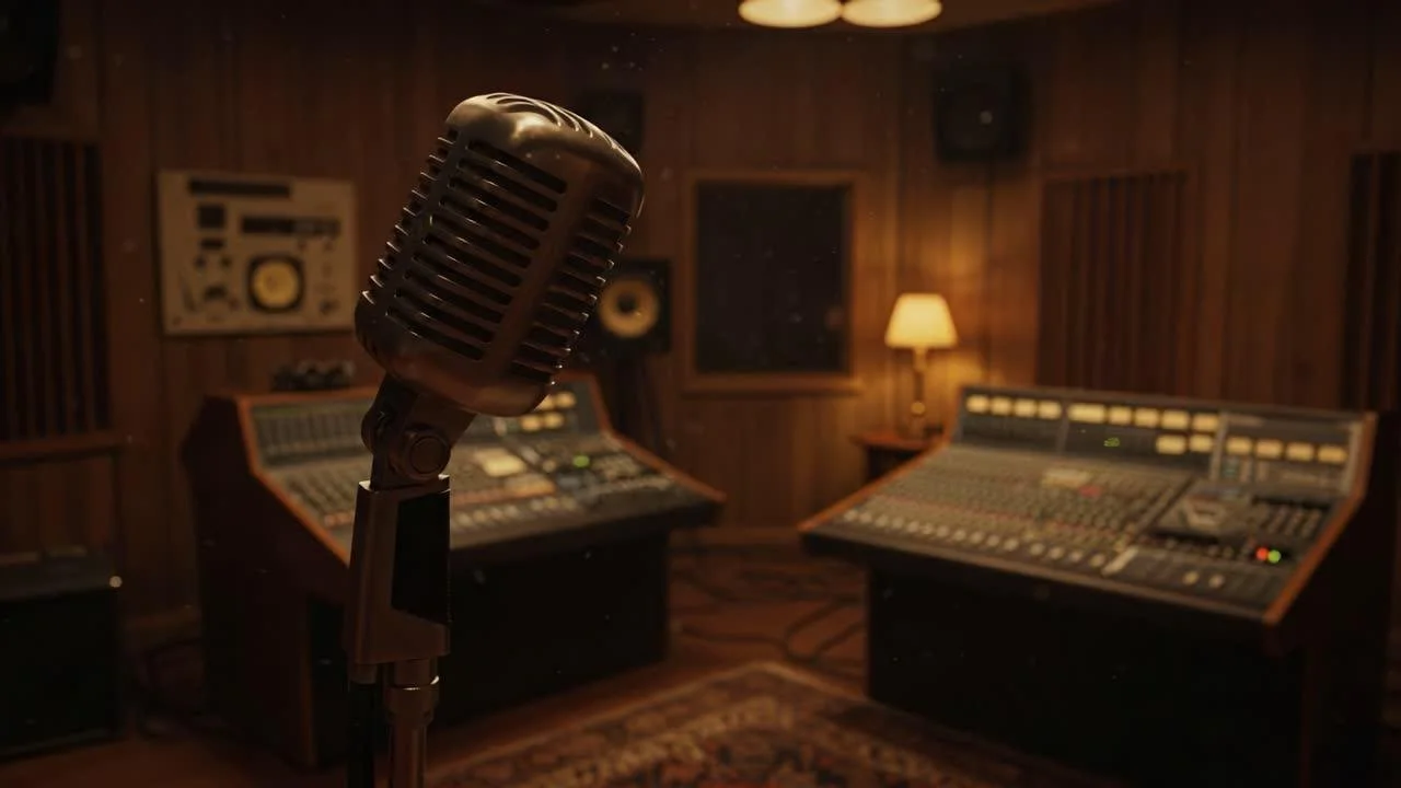 Close-up of a vintage microphone in a recording studio with sound mixing consoles, wooden walls, and dim lighting.