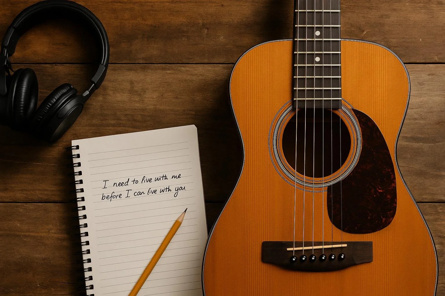 An acoustic guitar, a pair of black headphones, a spiral notebook with handwritten lyrics, and a pencil on a wooden surface.