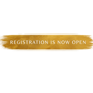A gold-colored sign that reads 'REGISTRATION IS NOW OPEN'.