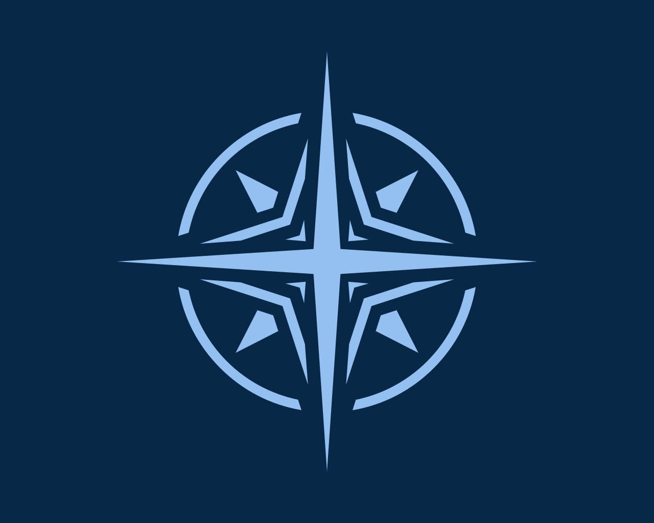 Bearing Straight's logo is of a compass rose with four main points and two smaller points, shown in light blue on a dark blue background.