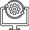 Computer monitor displaying a gear icon with an arrow encircling it, representing settings or system update.