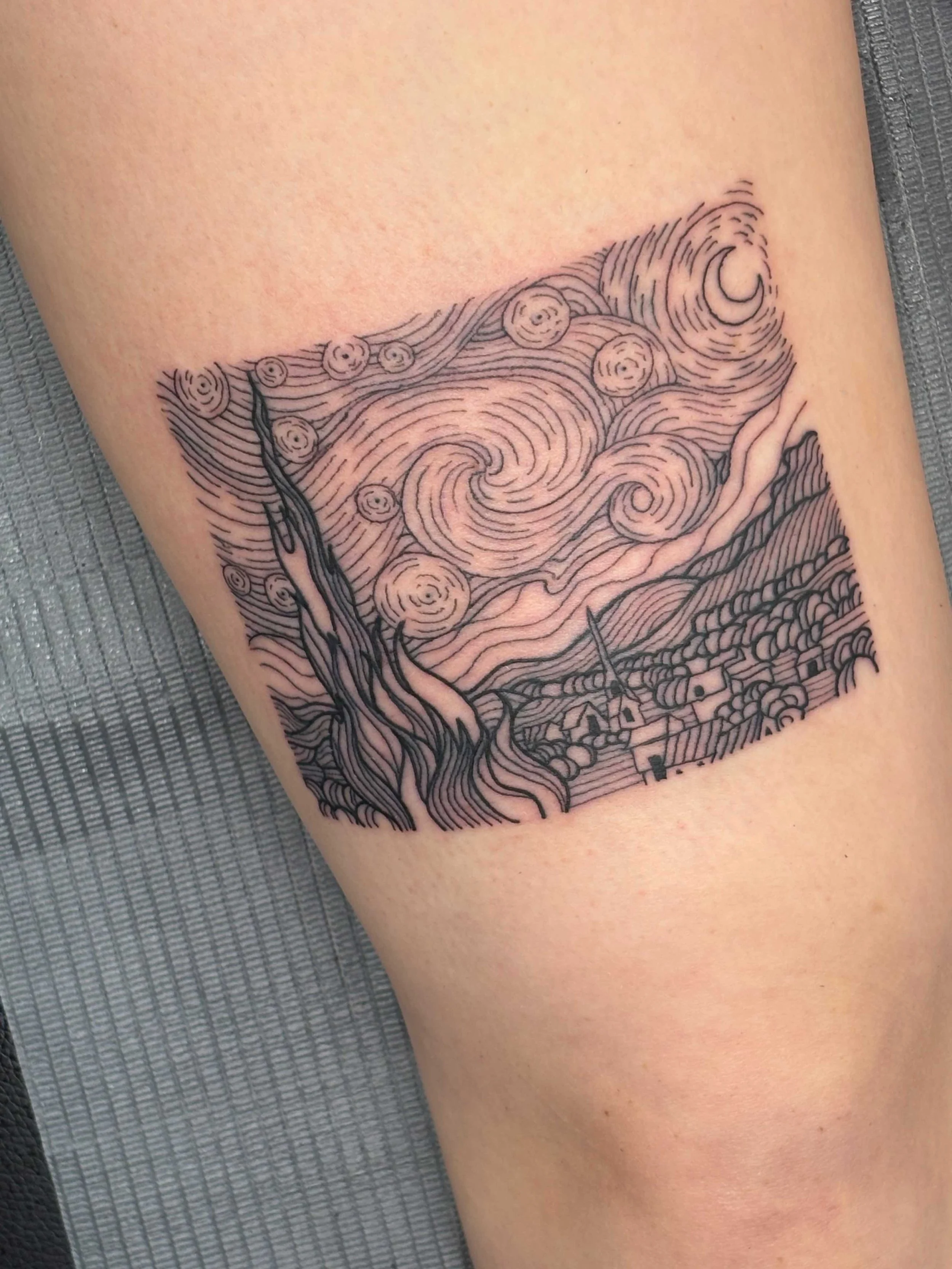 linocut style starry night tattoo, portfolio work by Sam Sullivan at Sink or Swim Tattoo and Piercing in Niagara Falls, NY