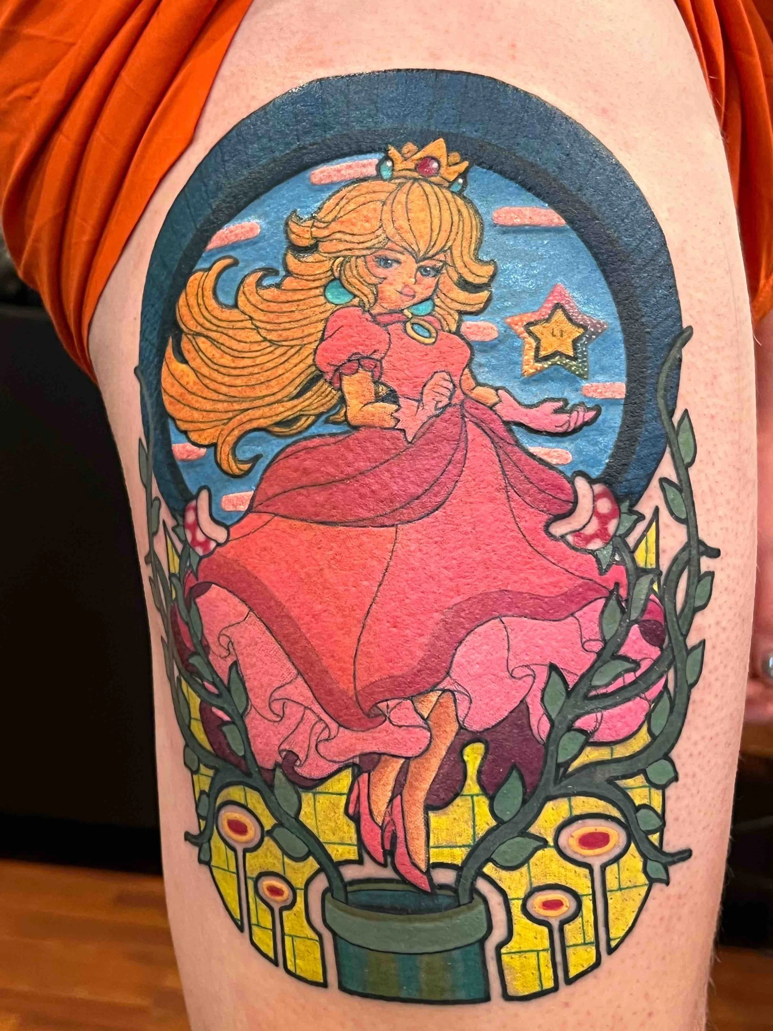 traditional style Mario tattoo, portfolio work by Sam Sullivan at Sink or Swim Tattoo and Piercing in Niagara Falls, NY