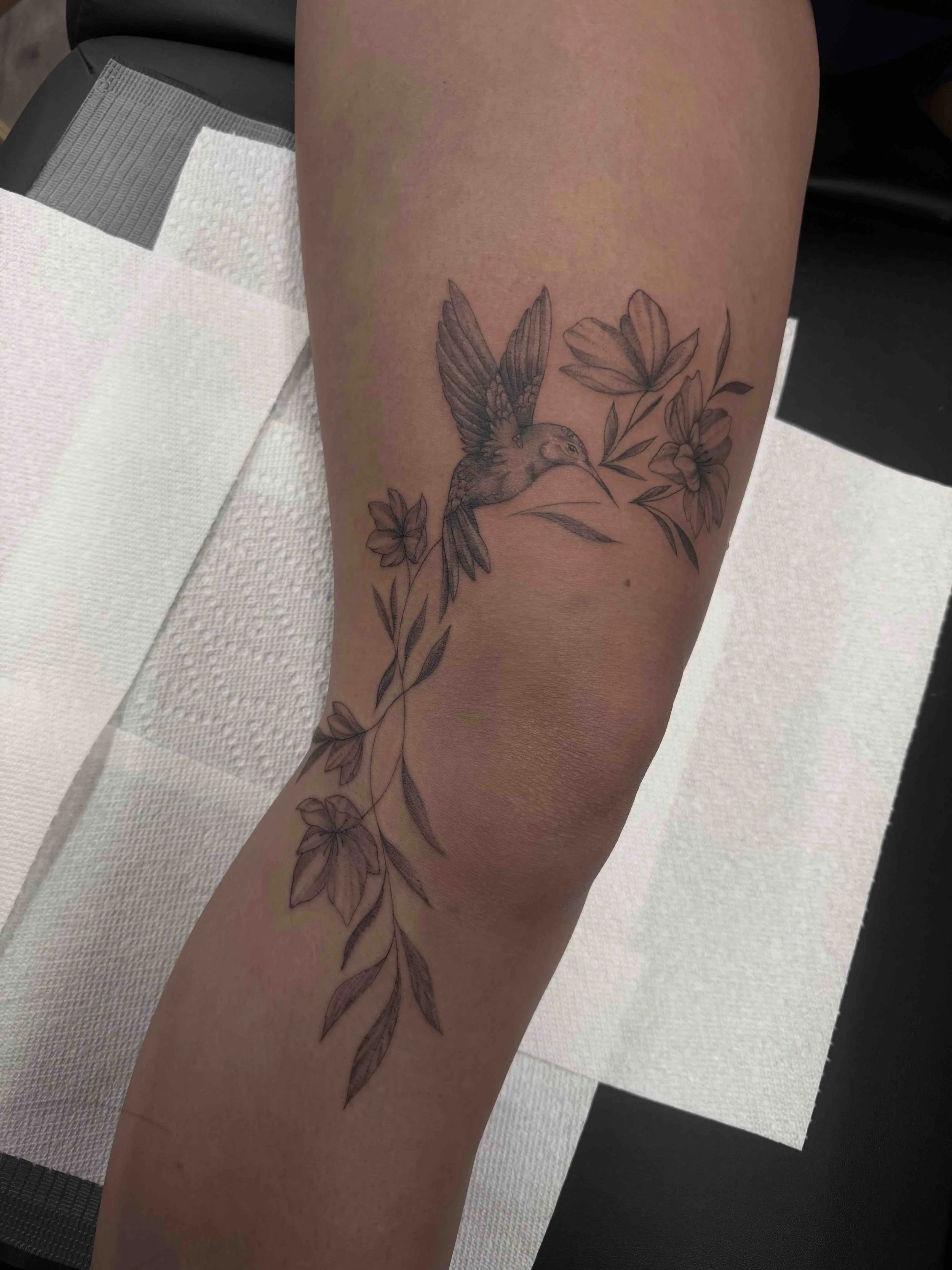 fine line black and grey humming bird tattoo , portfolio work by Brooke Canzoneri at sink or swim tattoo and piercing in Niagara Falls, ny