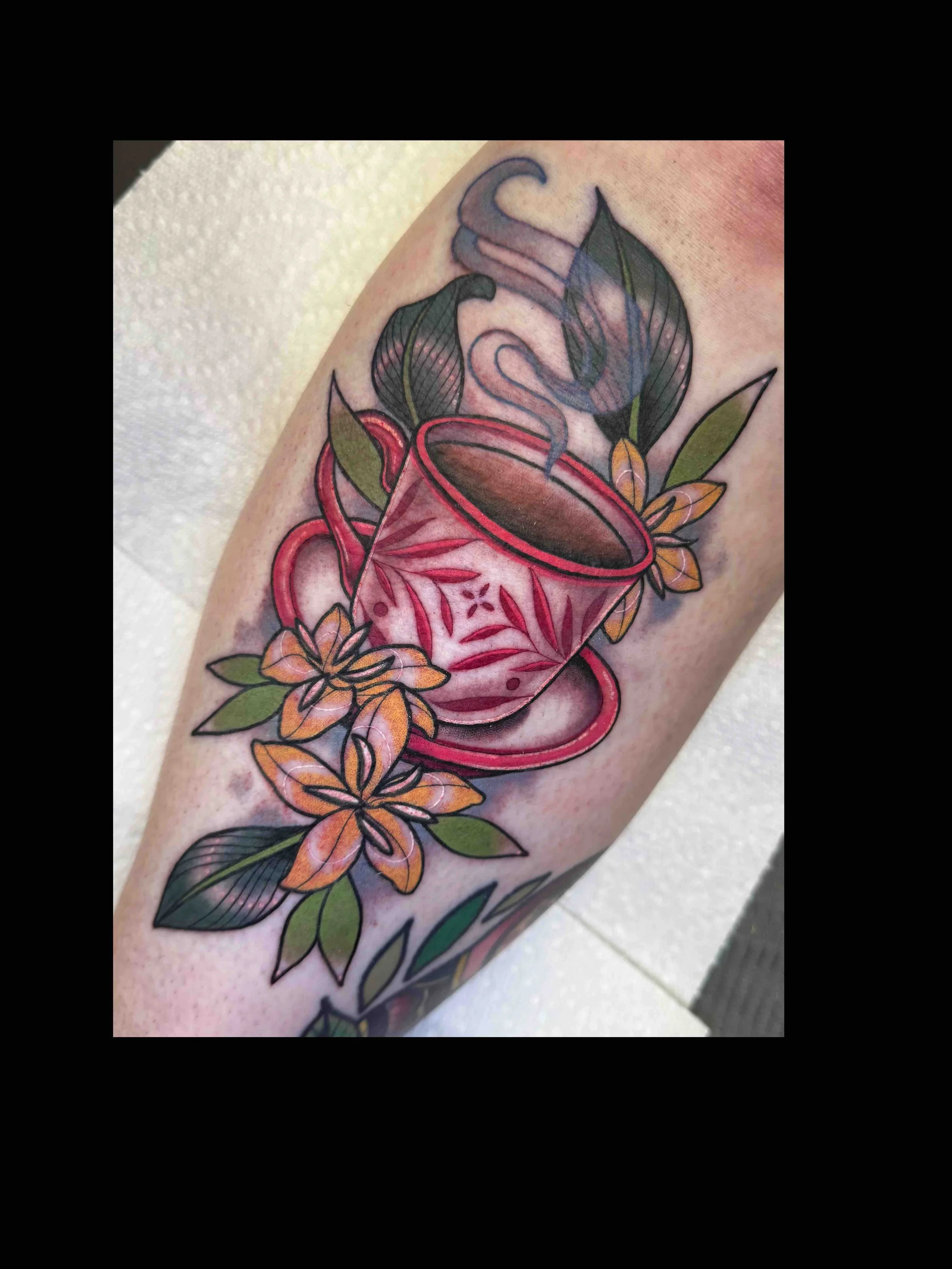 Neo traditional Hot tea and flowers tattoo in color portfolio work by Shannon Kuzara at Sink or Swim Tattoo and Piercing in Niagara Falls NY
