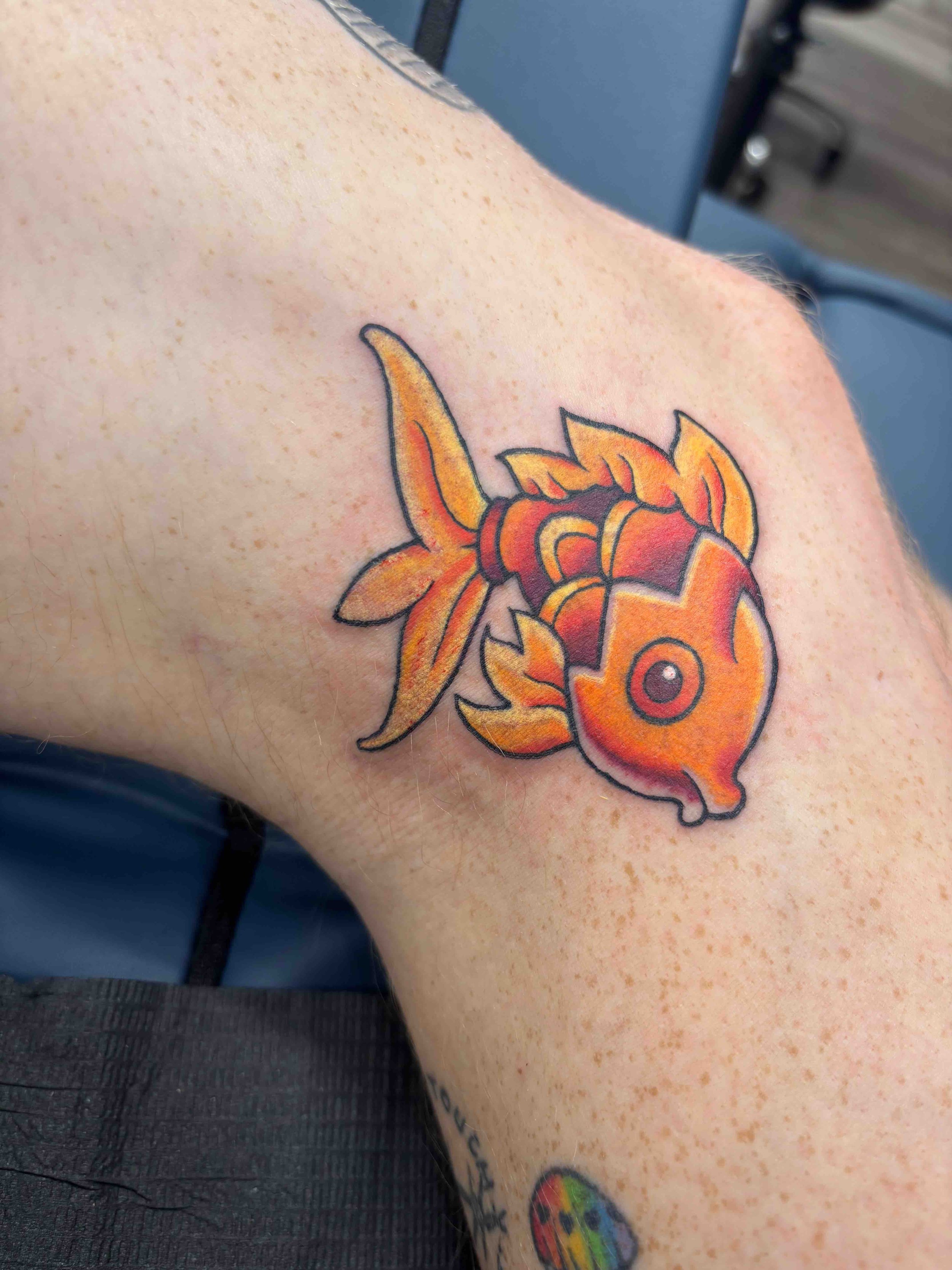 Neo traditional goldfish color tattoo on the side of a knee, portfolio work by AK Zaionz at Sink or Swim in Niagara Falls NY