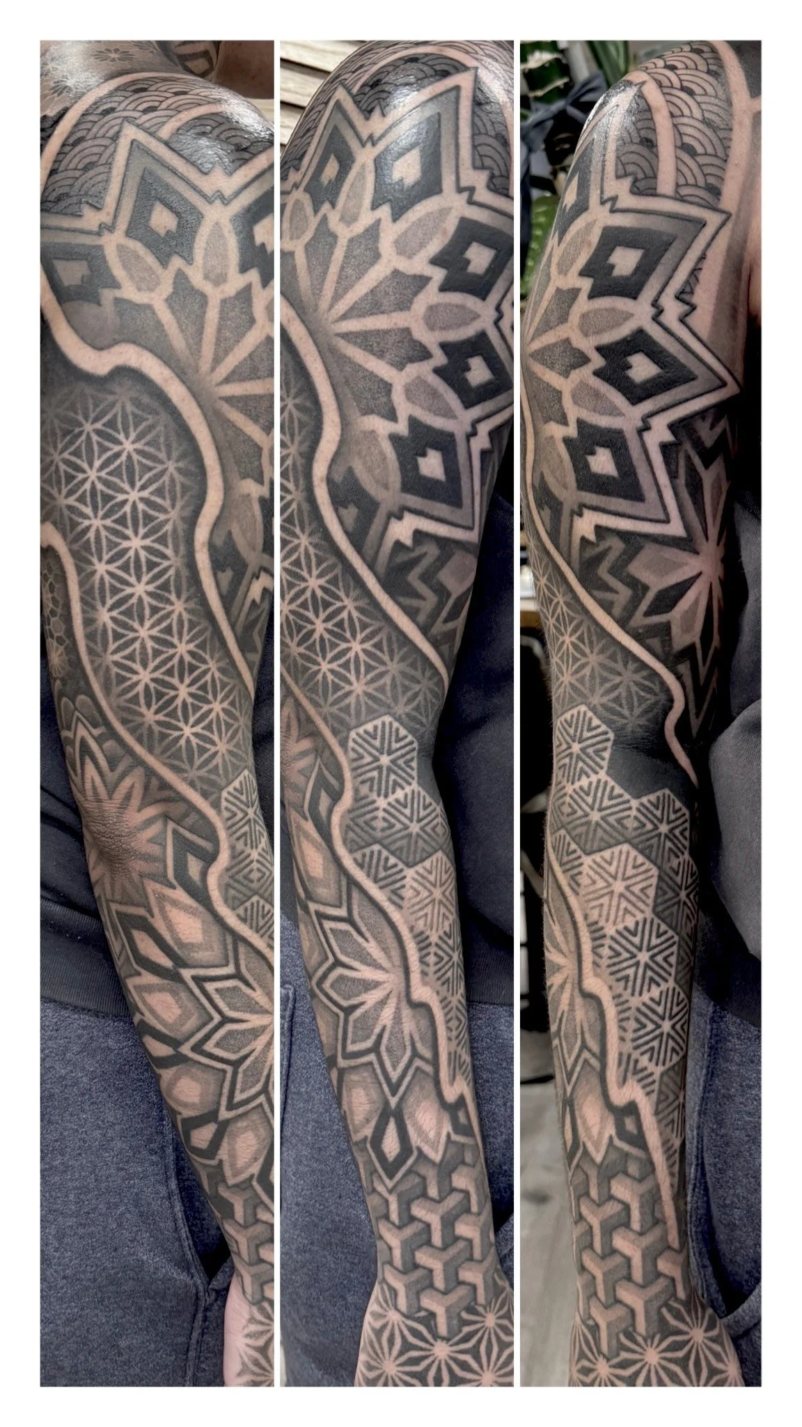 Geometric full sleeve stippled black and grey tattoo portfolio work by Keith Kuzara at Sink or Swim Tattoo and Piercing in Niagara Falls NY