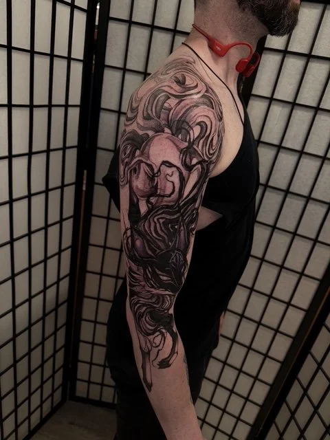 dark art Japanese black and grey nine tailed fox kitsune tattoo , portfolio work by Jordy Levea at sink or swim tattoo and piercing in Niagara Falls, ny