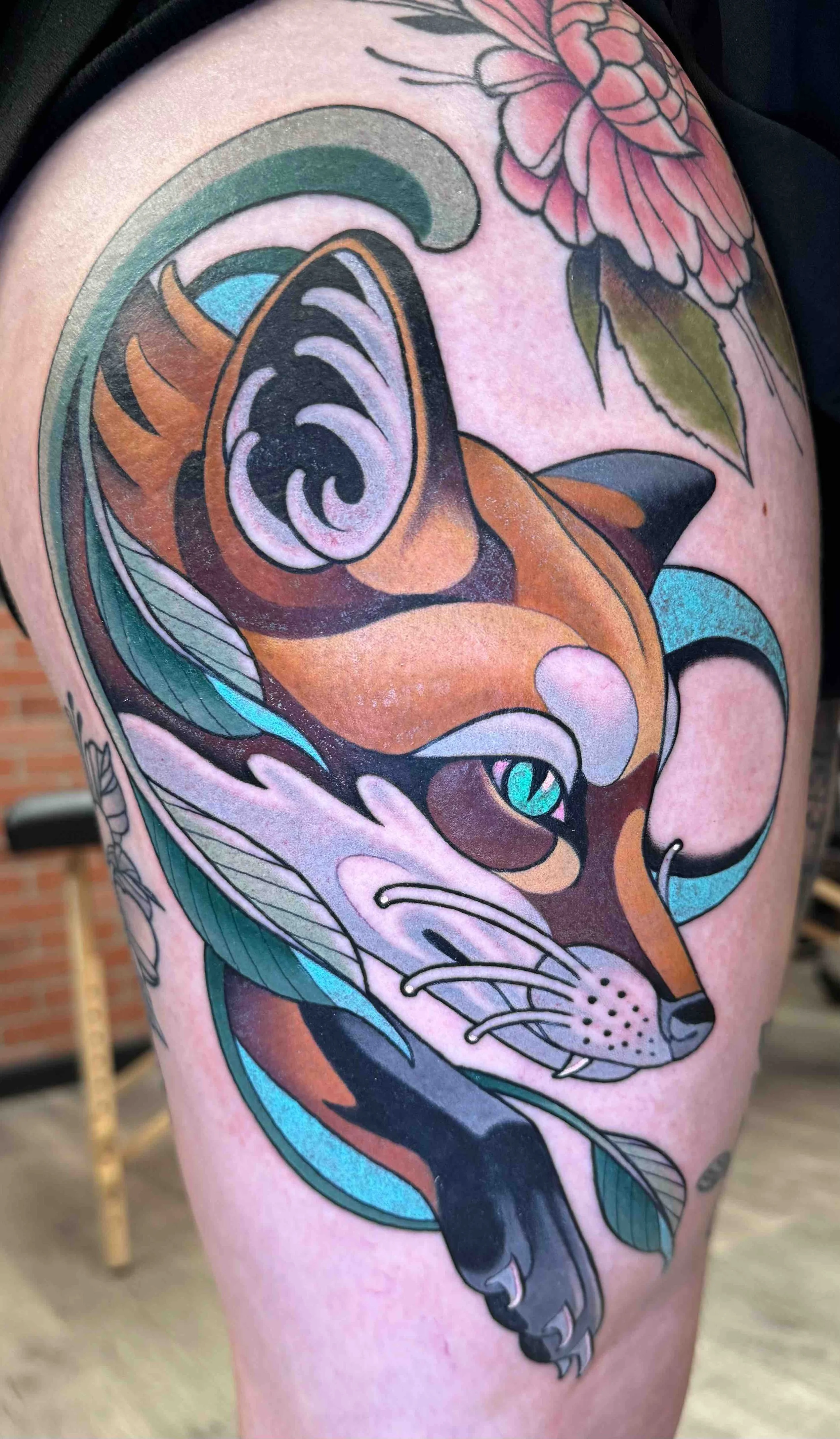 Neo traditional fox and moon tattoo in color portfolio work by Keith Kuzara at Sink or Swim Tattoo and Piercing in Niagara Falls NY