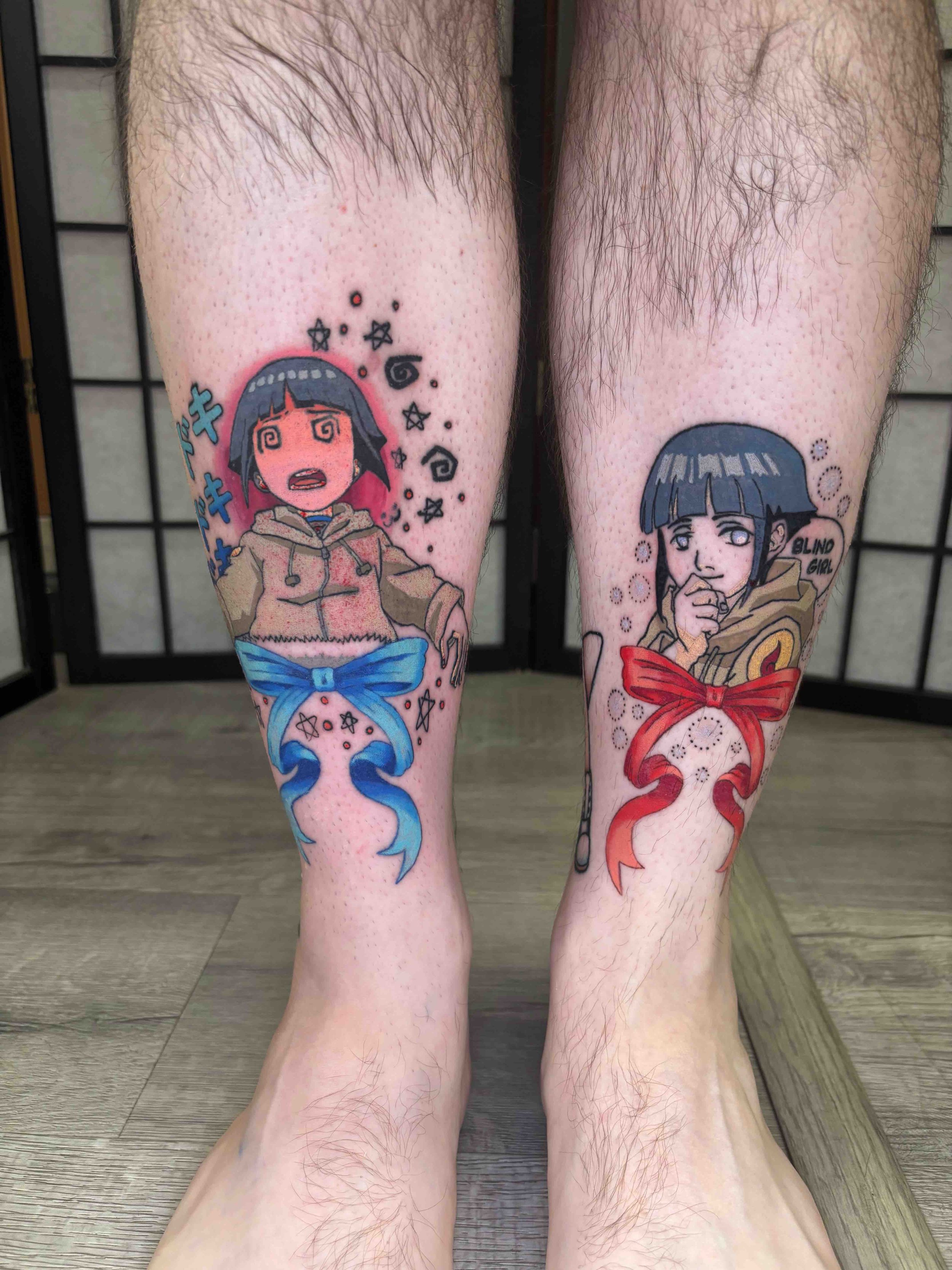 Color Anime style Naruto tattoo of Hinata on the shin, portfolio work by AK Zaionz at Sink or Swim in Niagara Falls NY
