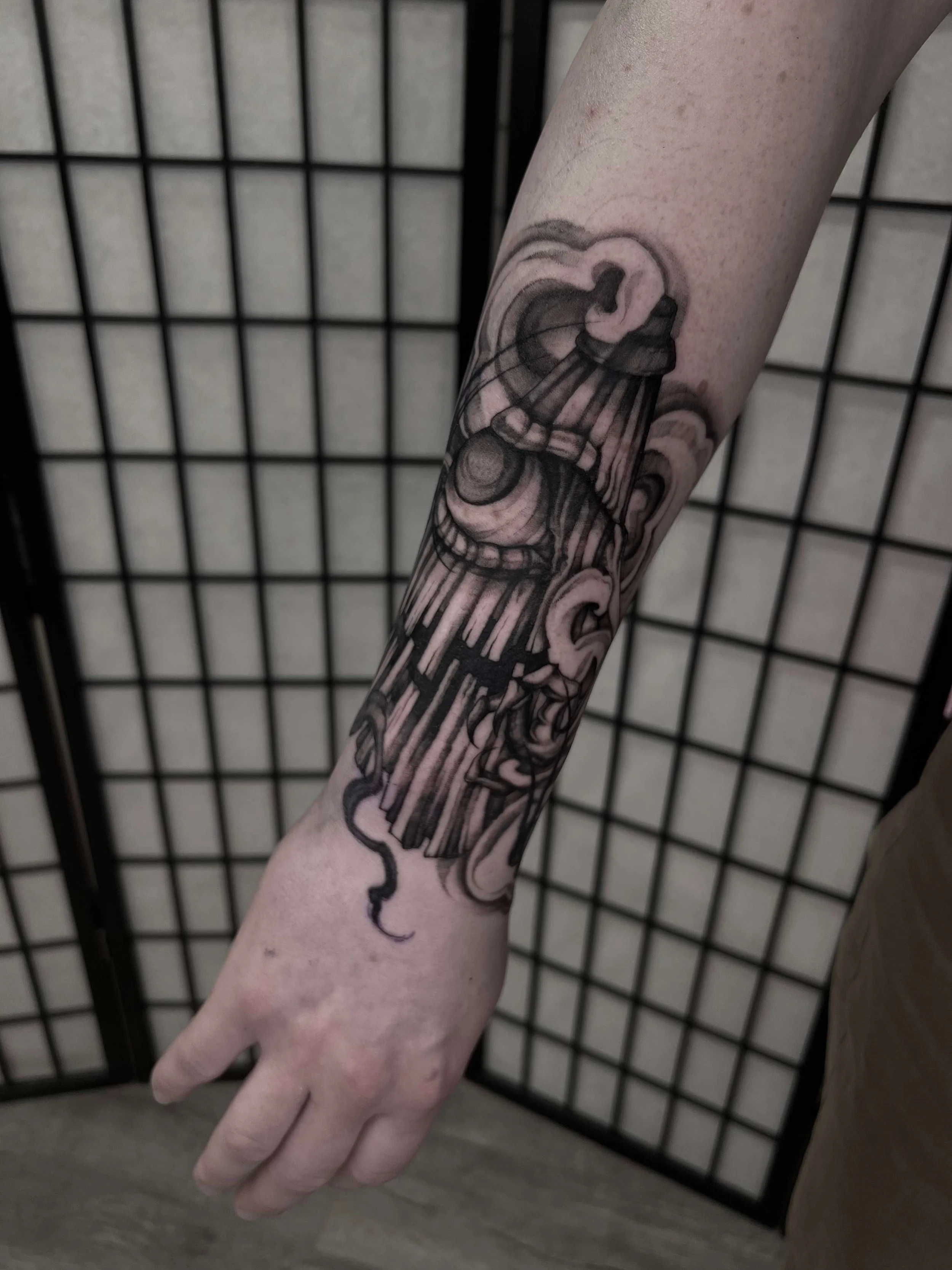 dark art black and grey Japanese karakasa yokai tattoo , portfolio work by Jordy Levea at sink or swim tattoo and piercing in Niagara Falls, ny