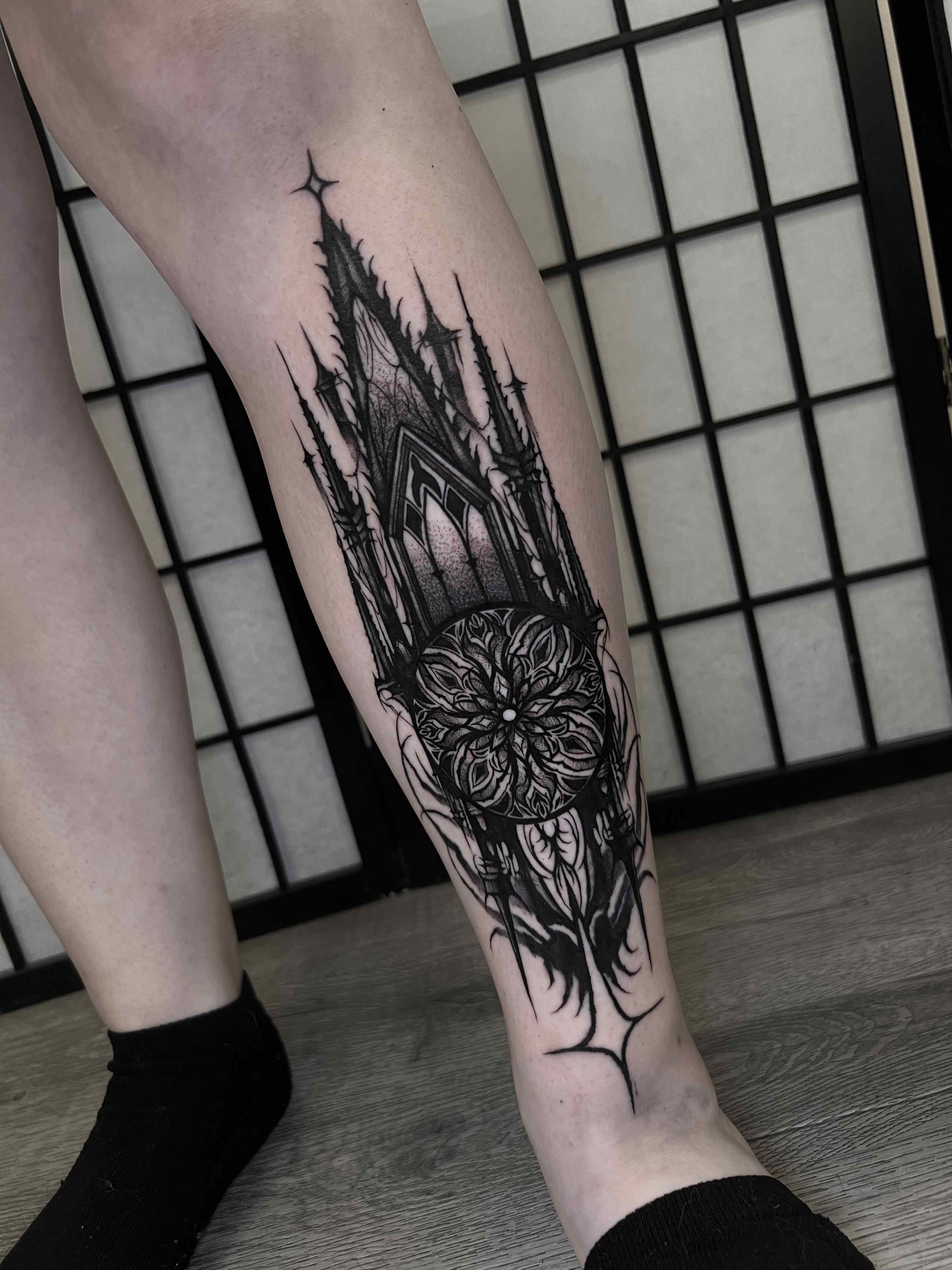 dark art ornamental black and grey cathedral tattoo , portfolio work by Jordy Levea at sink or swim tattoo and piercing in Niagara Falls, ny