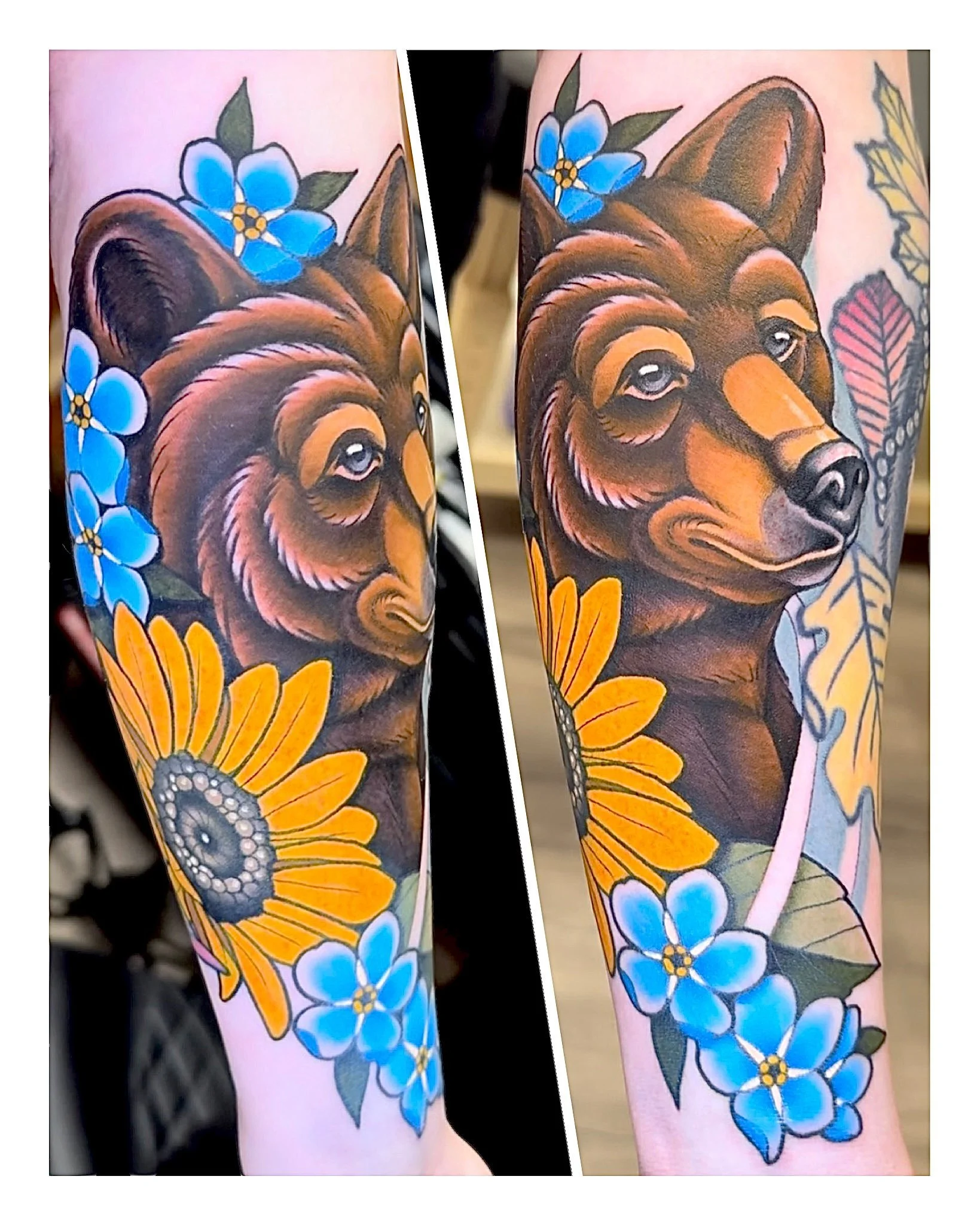 Neo traditional brown bear with flowers tattoo in color portfolio work by Keith Kuzara at Sink or Swim Tattoo and Piercing in Niagara Falls NY
