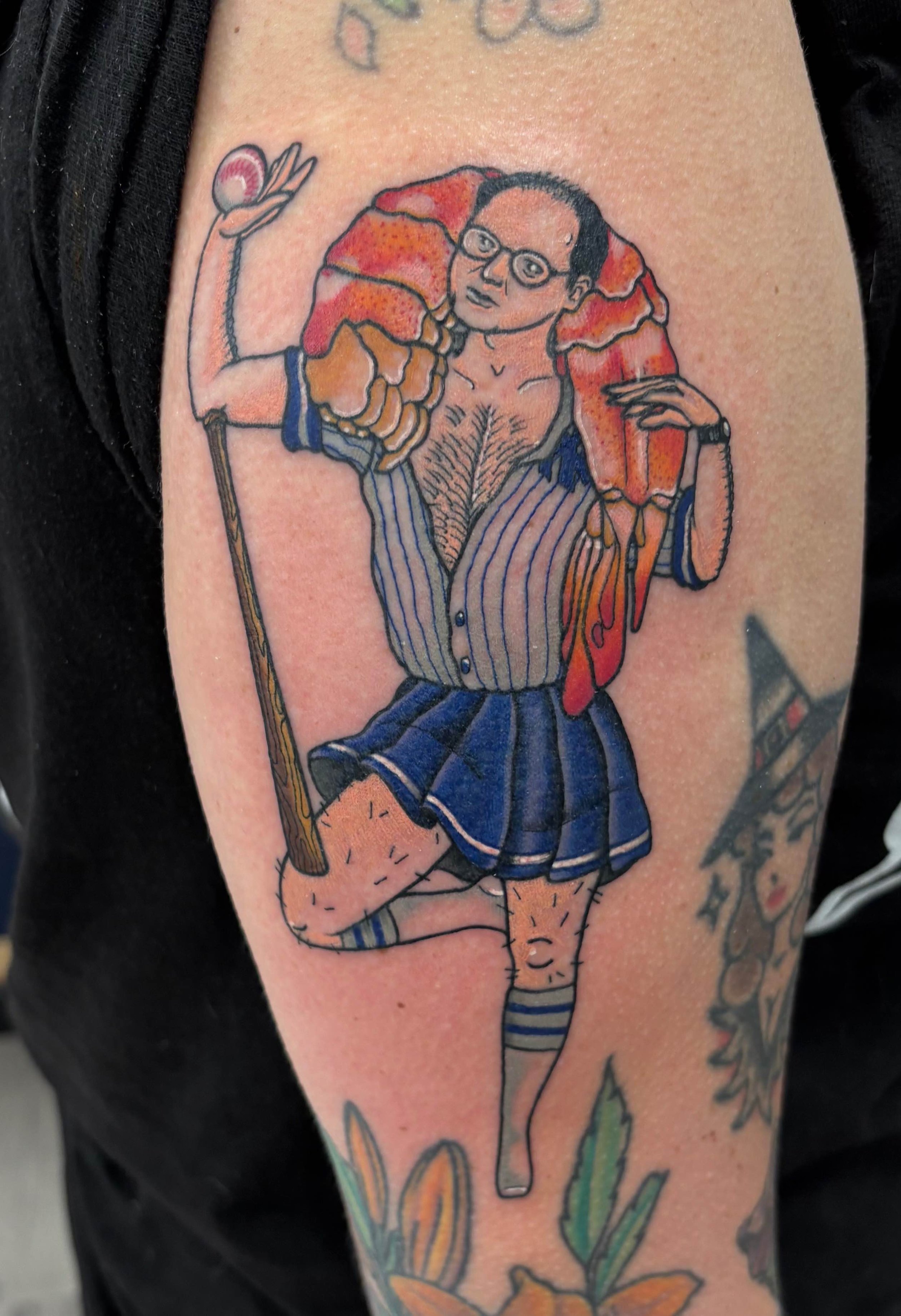 George costanza wearing a shrimp tattoo, portfolio work by Sam Sullivan at Sink or Swim Tattoo and Piercing in Niagara Falls, NY