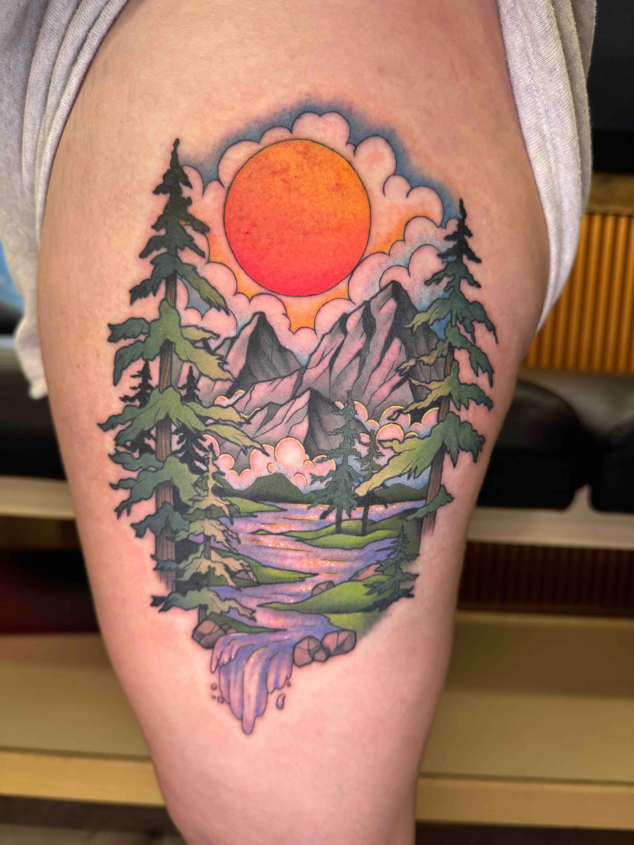 Neo traditional mountain landscape tattoo in color portfolio work by Shannon Kuzara at Sink or Swim Tattoo and Piercing in Niagara Falls NY