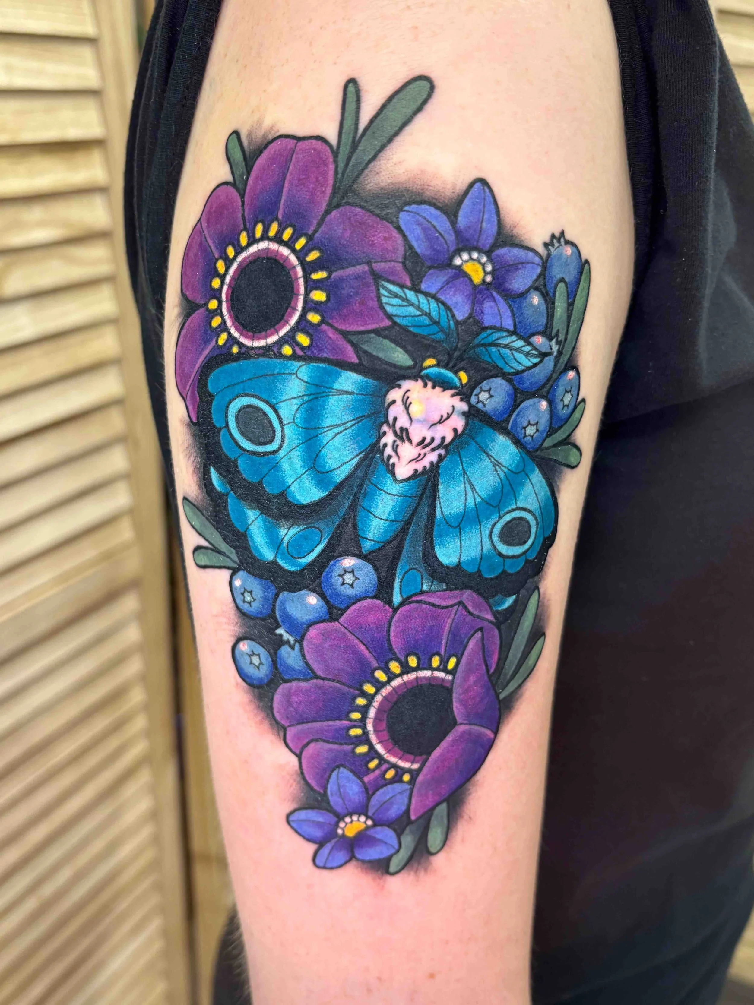 neotraditional moth, portfolio work by Sam Sullivan at Sink or Swim Tattoo and Piercing in Niagara Falls, NY