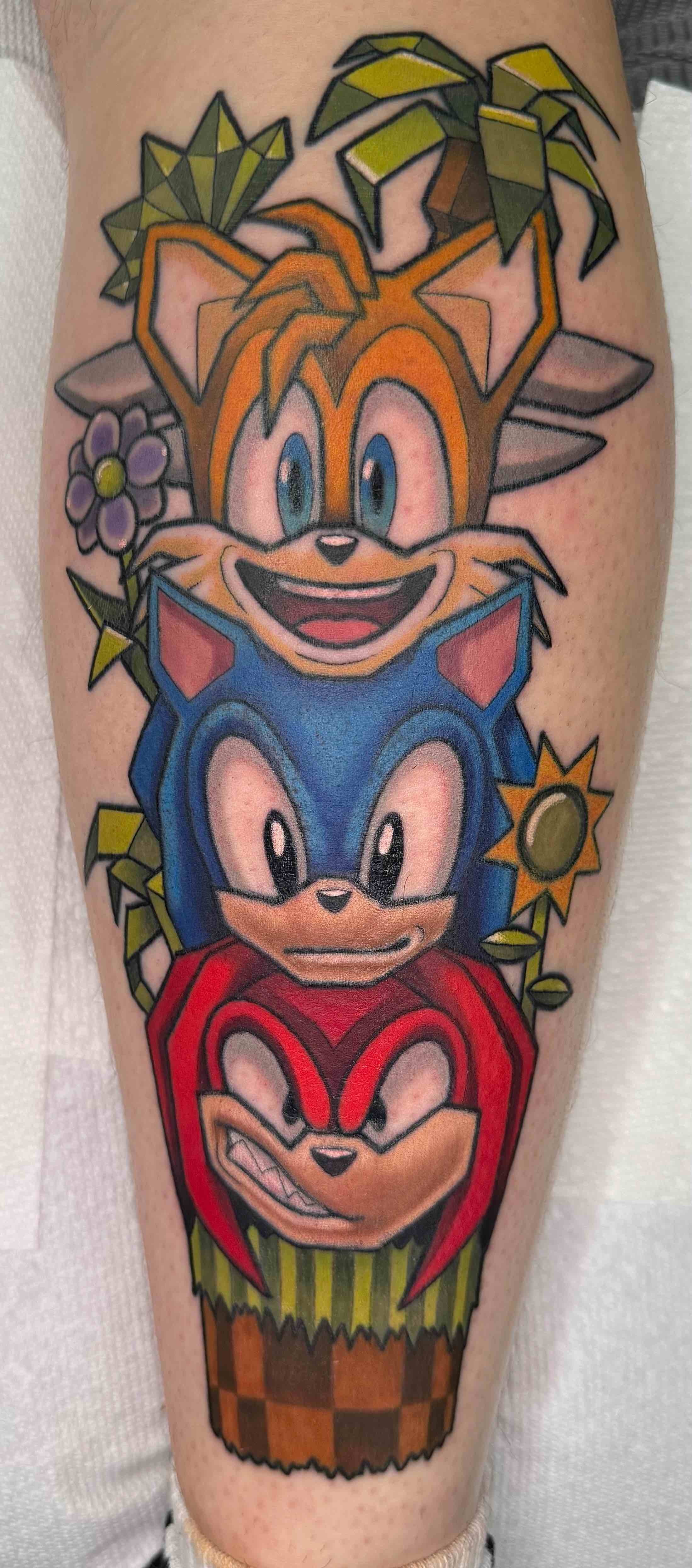 neo traditional sonic the hedgehog tattoo on a calf, portfolio work by Keith Kuzara at Sink or Swim Tattoo and Piercing in Niagara Falls NY