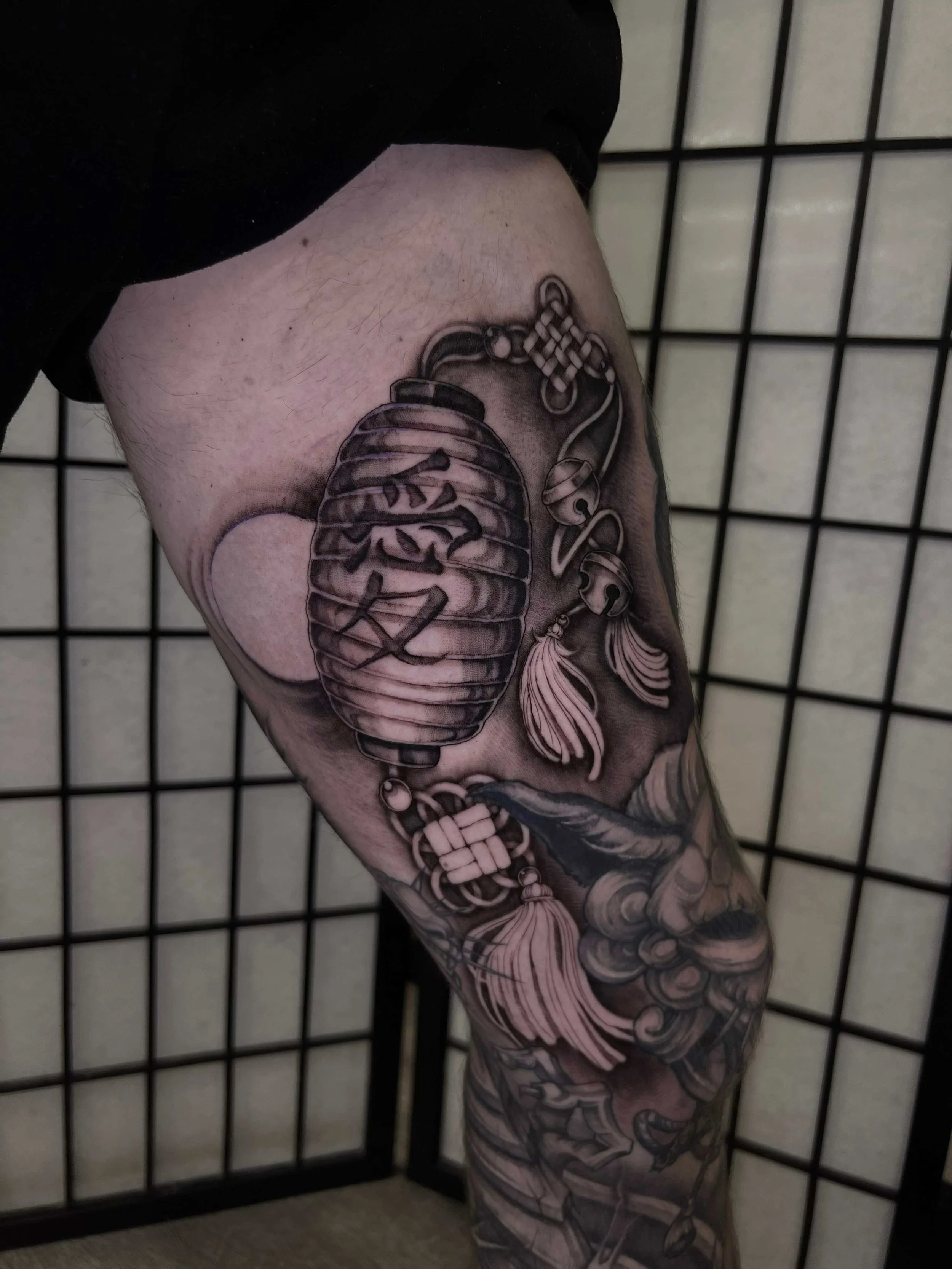 dark art Japanese black and grey paper lantern tattoo , portfolio work by Jordy Levea at sink or swim tattoo and piercing in Niagara Falls, ny