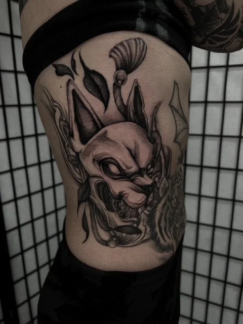 dark art Japanese kitsune black and grey tattoo , portfolio work by Jordy Levea at sink or swim tattoo and piercing in Niagara Falls, ny