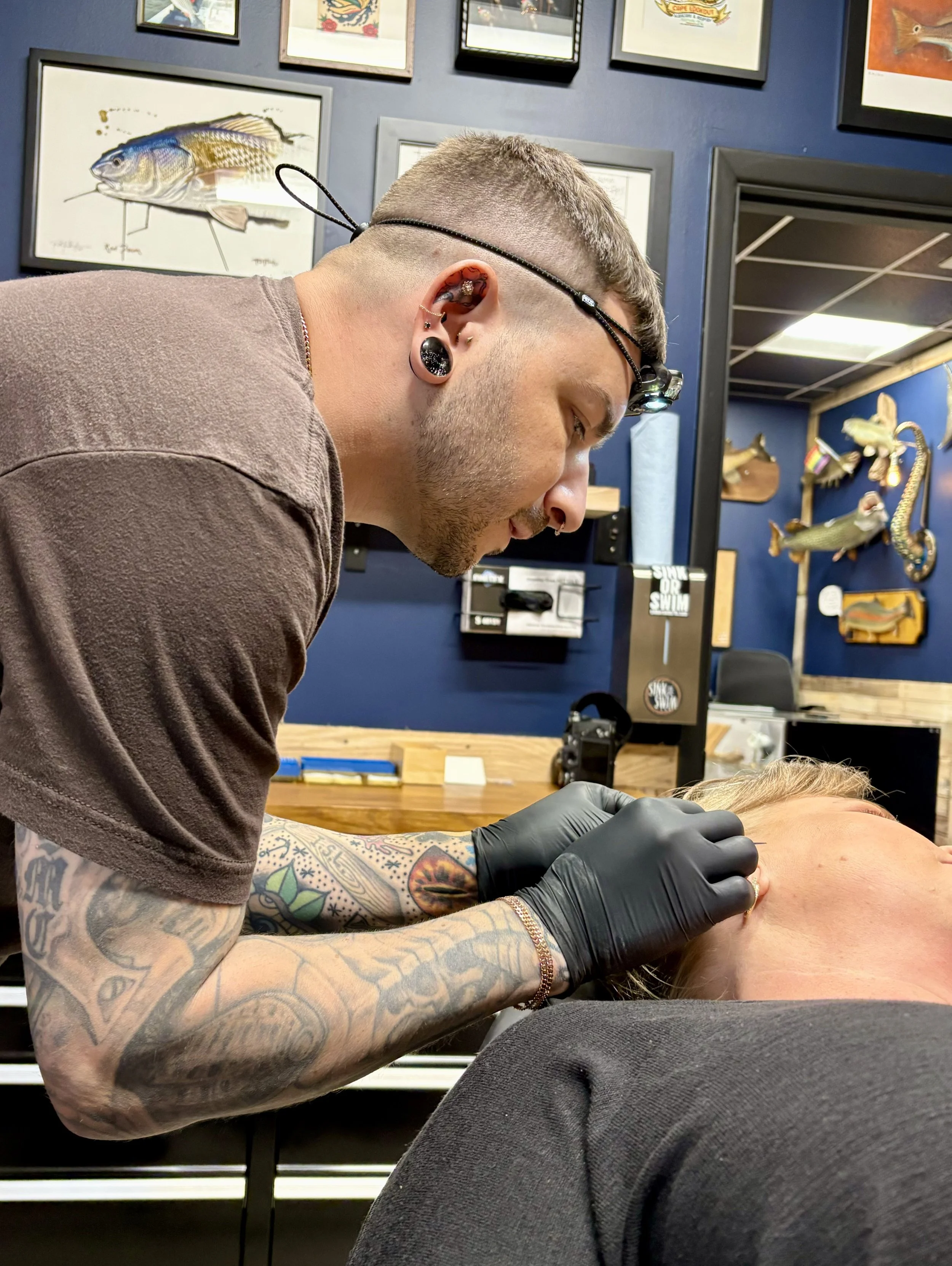 A professional piercer utilizing strict aseptic needle-only techniques to safely execute a forward helix piercing