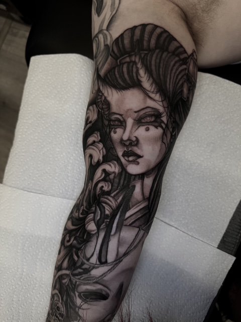 dark art Japanese geisha arm tattoo , portfolio work by Jordy Levea at sink or swim tattoo and piercing in Niagara Falls, ny