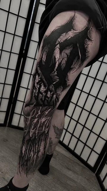 dark lettering leg sleeve , portfolio work by Jordy Levea at sink or swim tattoo and piercing in Niagara Falls, ny