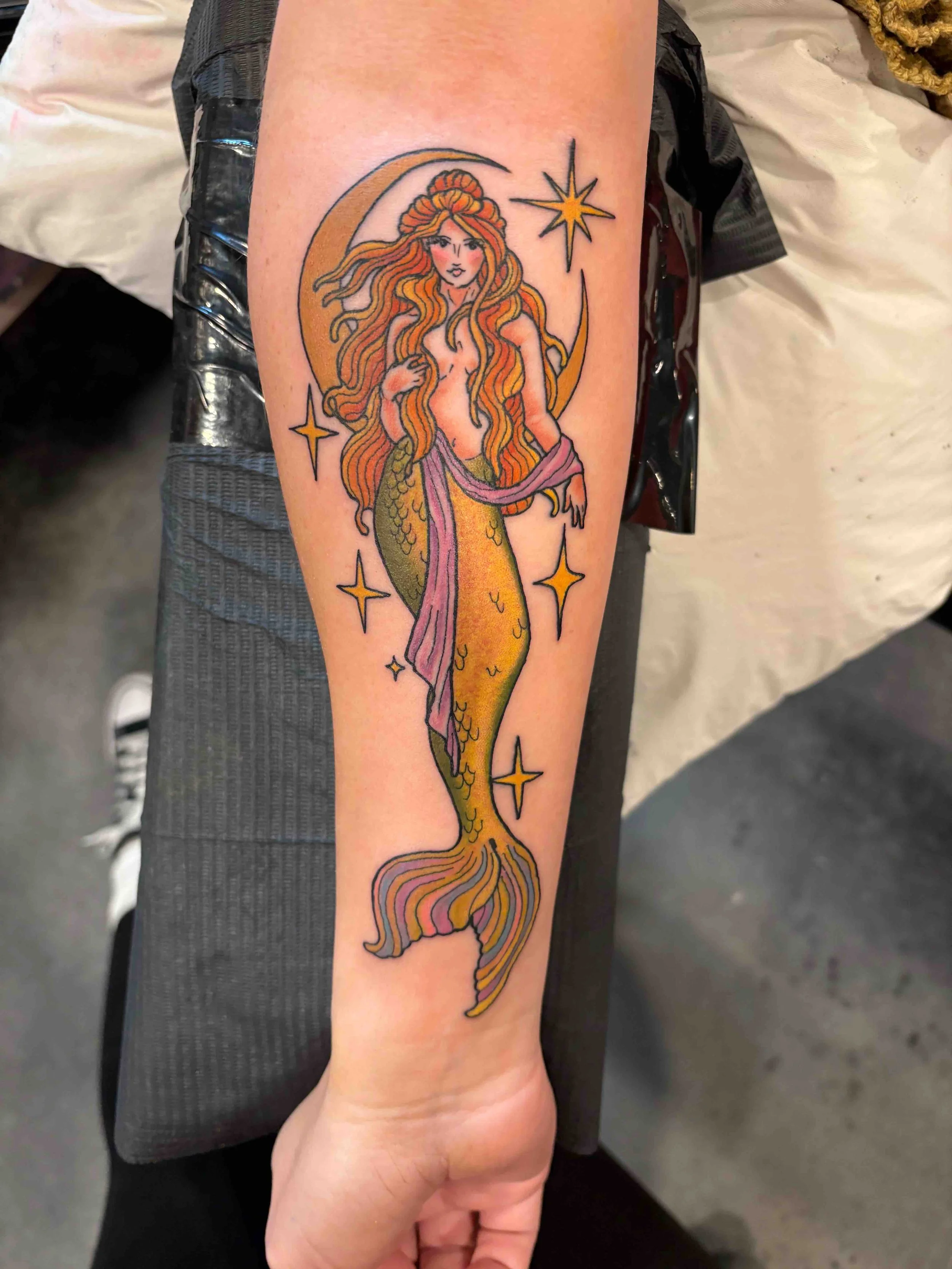 art nouveau style tattoo mermaid on a forearm, portfolio work by Sam Sullivan at Sink or Swim Tattoo and Piercing in Niagara Falls, NY