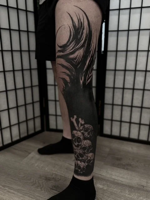 blackwork and blackout ornamental leg sleeve , portfolio work by Jordy Levea at sink or swim tattoo and piercing in Niagara Falls, ny